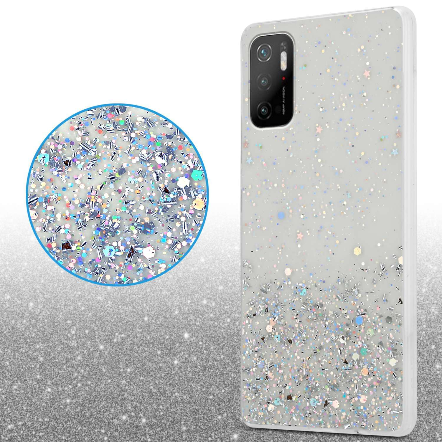 Una custodia per telefono con glitter. Un telefono è a destra. Un primo piano del glitter è a sinistra.
