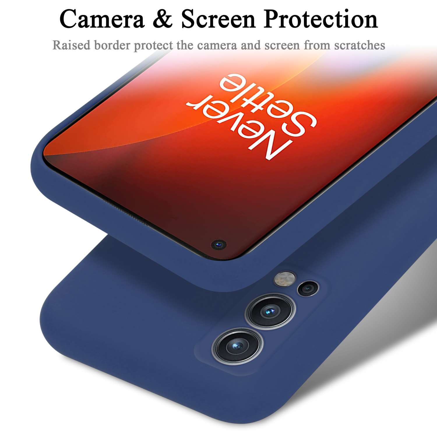 Custodia blu per telefono sopra un telefono, le parole 'Never Settle' sono visibili sullo schermo.