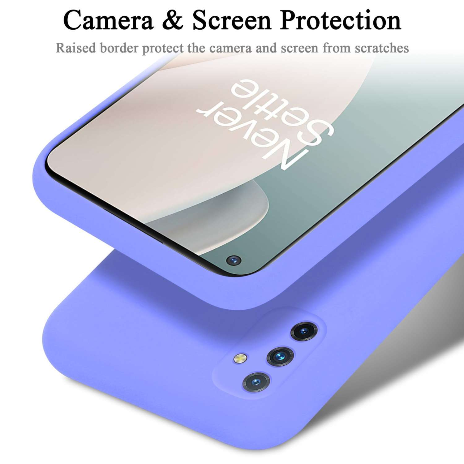 Eine hellviolette Handyhülle bedeckt ein Telefon. Kamera und Bildschirm sind sichtbar.