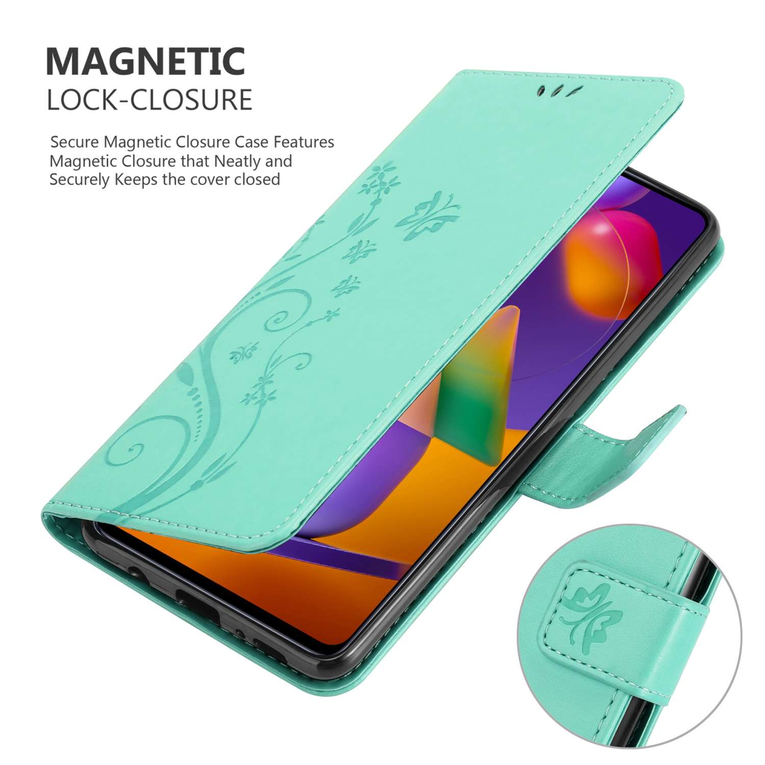 Custodia per telefono verde menta, aperta. L'interno mostra uno schermo del telefono con un design viola e rosa.
