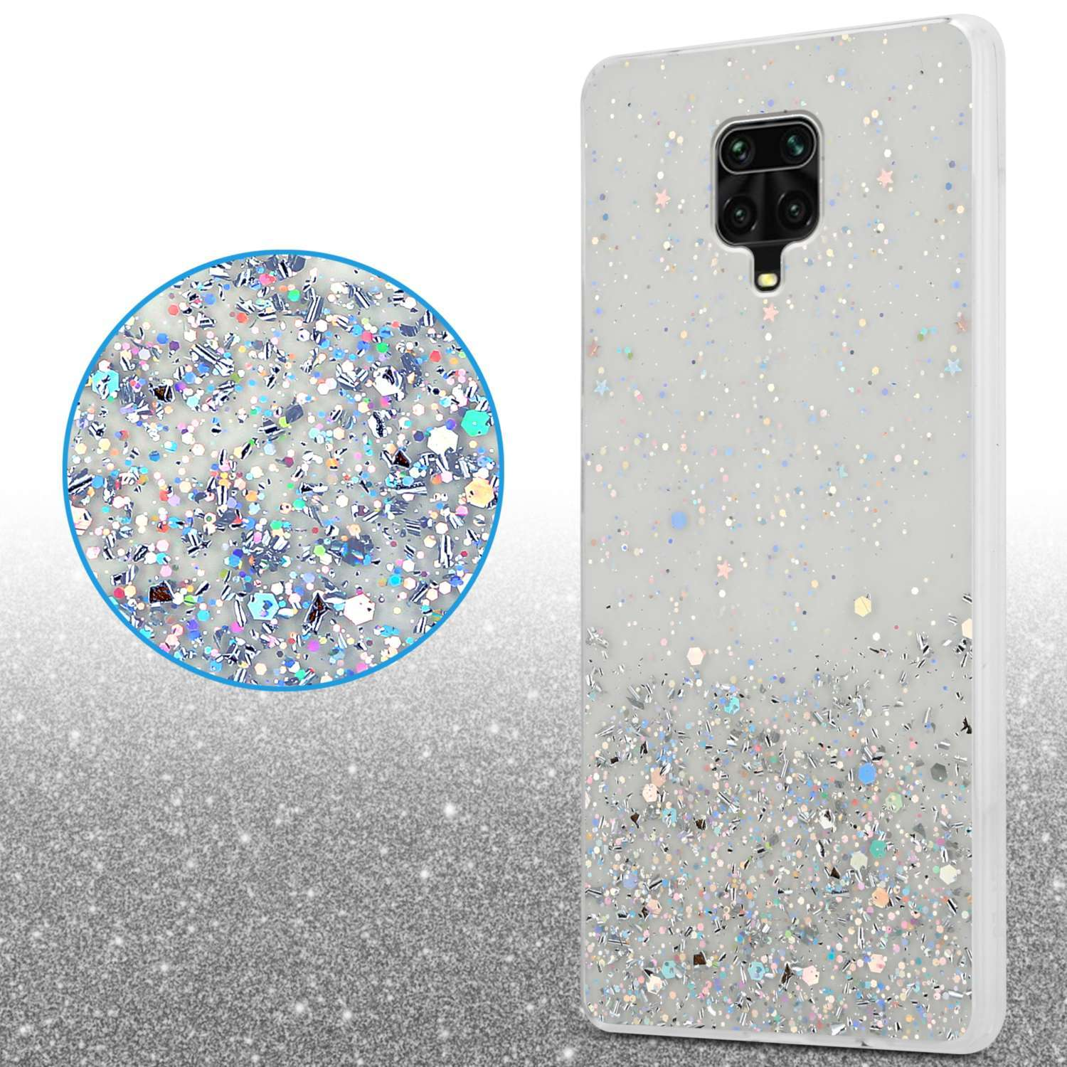 Custodia per telefono con un design glitterato. Il glitter è argento e arcobaleno.
