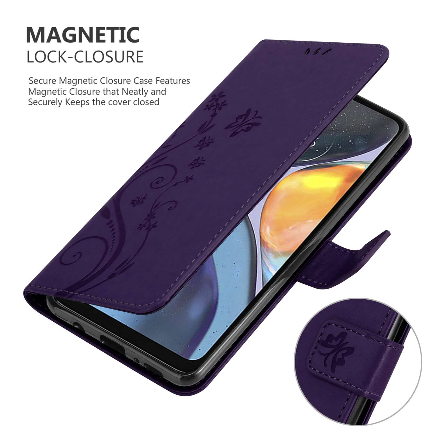 Funda de teléfono morada, abierta, sobre un teléfono con un diseño floral. Texto: 'Cierre magnético'.