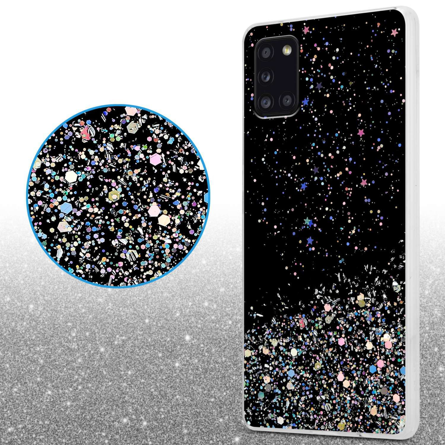Una custodia per telefono con la parte superiore nera, con glitter colorati e un primo piano del glitter.