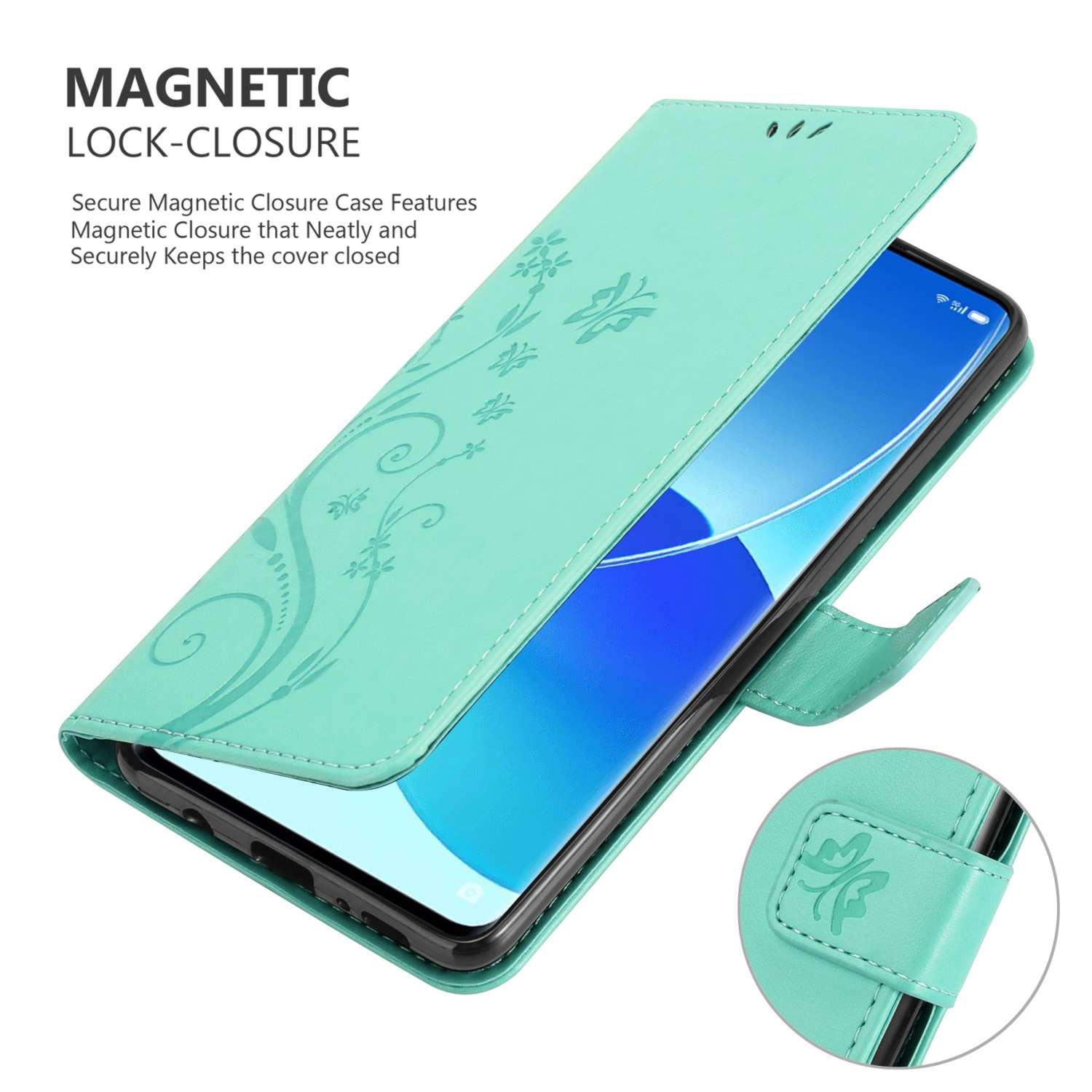 Una custodia per telefono verde acqua con un telefono all'interno. La custodia ha dettagli floreali e una chiusura magnetica.