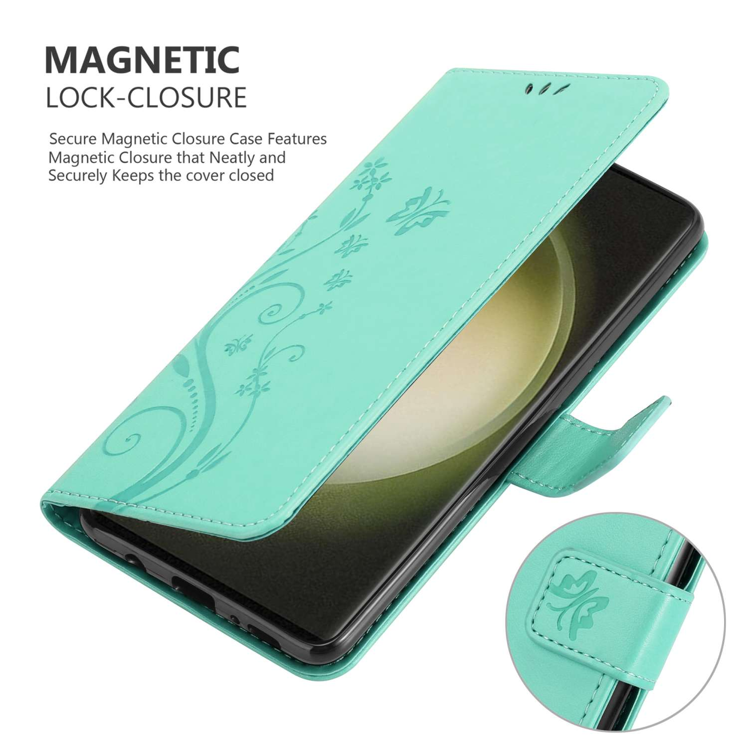 Custodia per telefono turchese con design floreale. La cover è aperta, mostrando il telefono. Chiusura magnetica visibile.