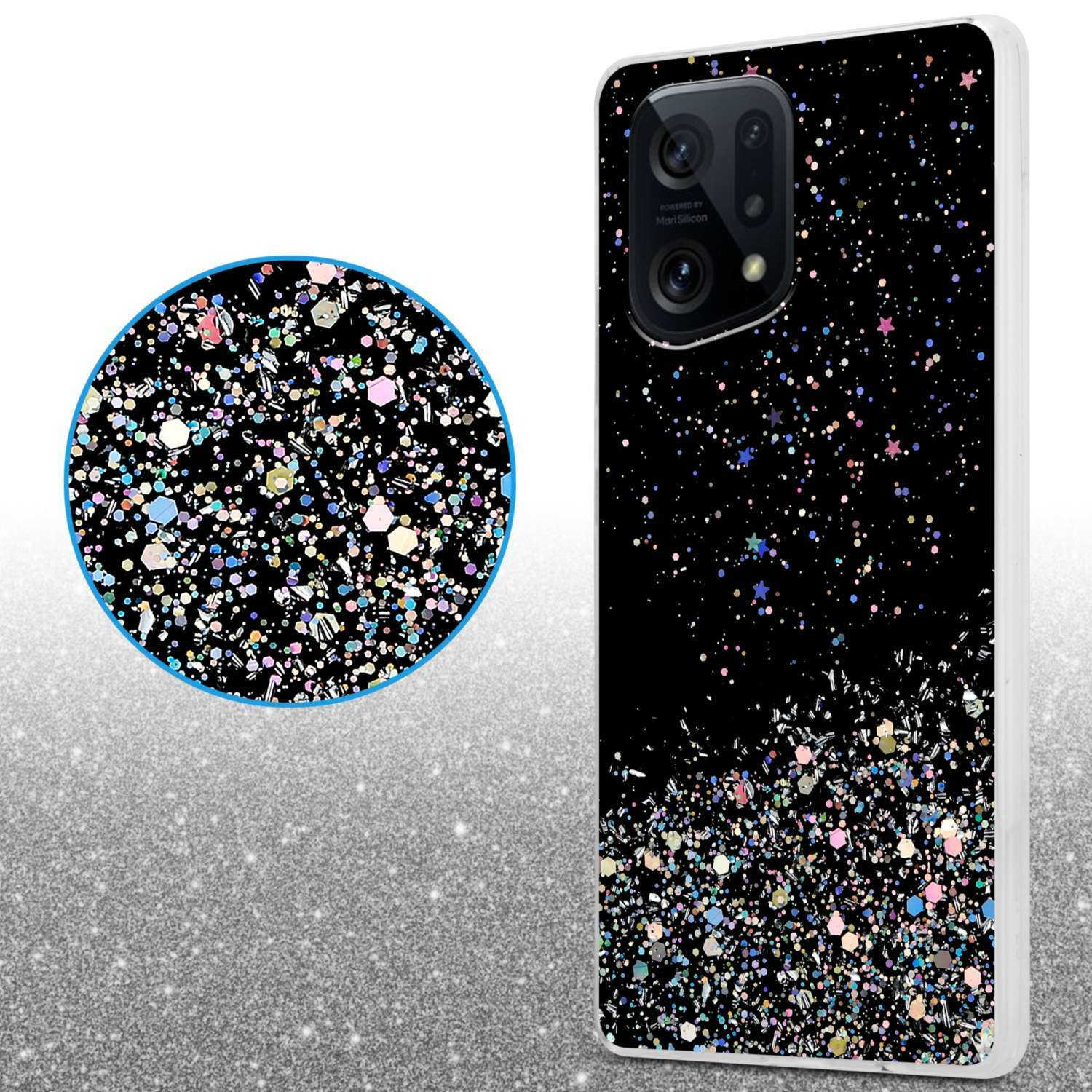 Custodia nera con glitter. La custodia è decorata con glitter colorati.