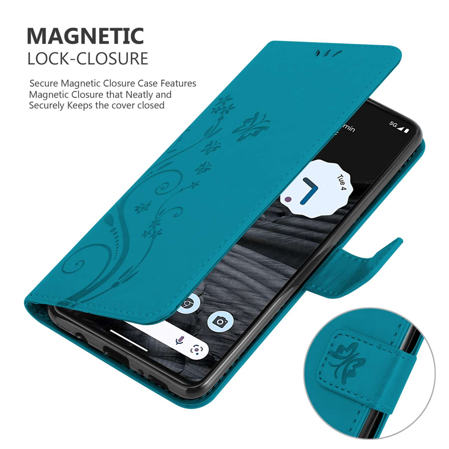 Una custodia per telefono verde acqua aperta per mostrare un telefono con un design floreale e chiusura magnetica.
