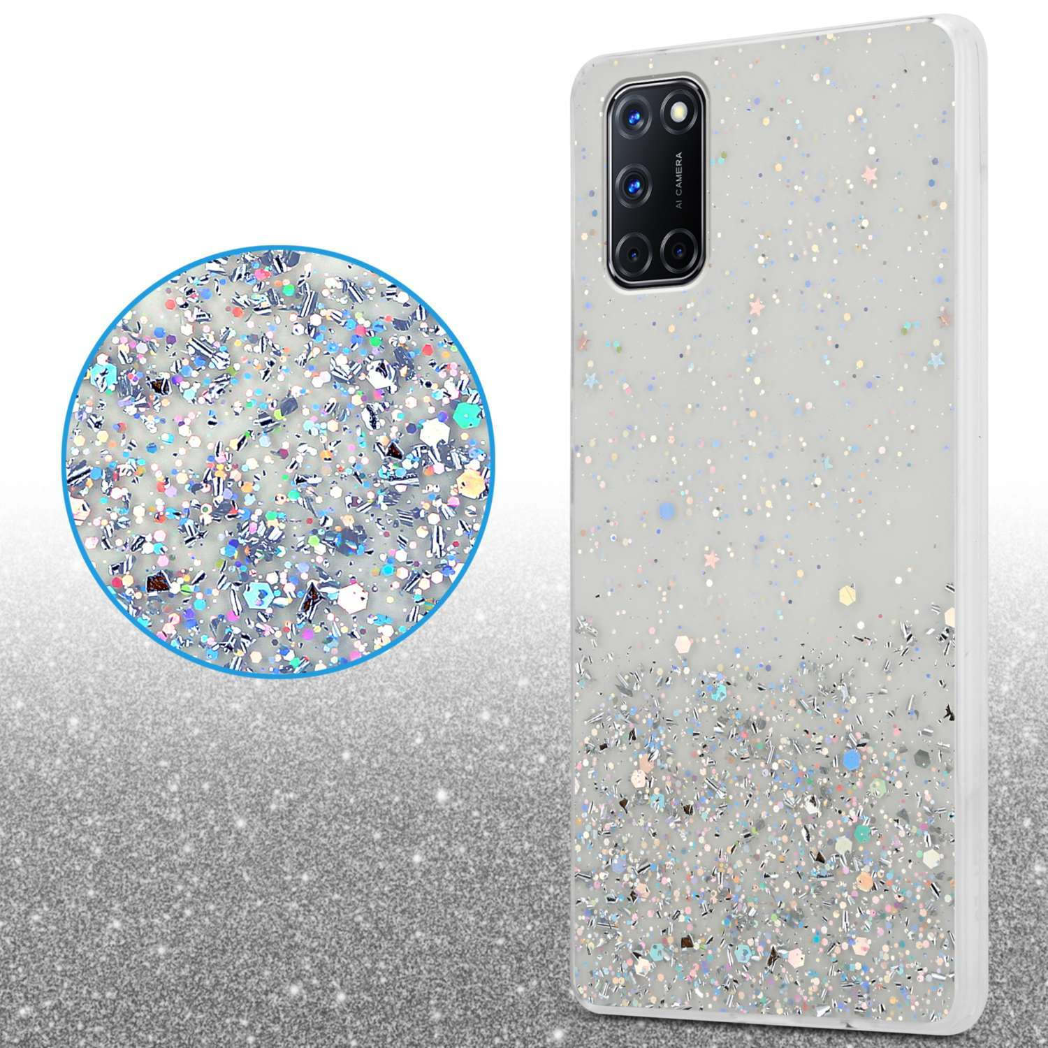 Una custodia per telefono con glitter e un primo piano. La custodia ha uno sfondo bianco.