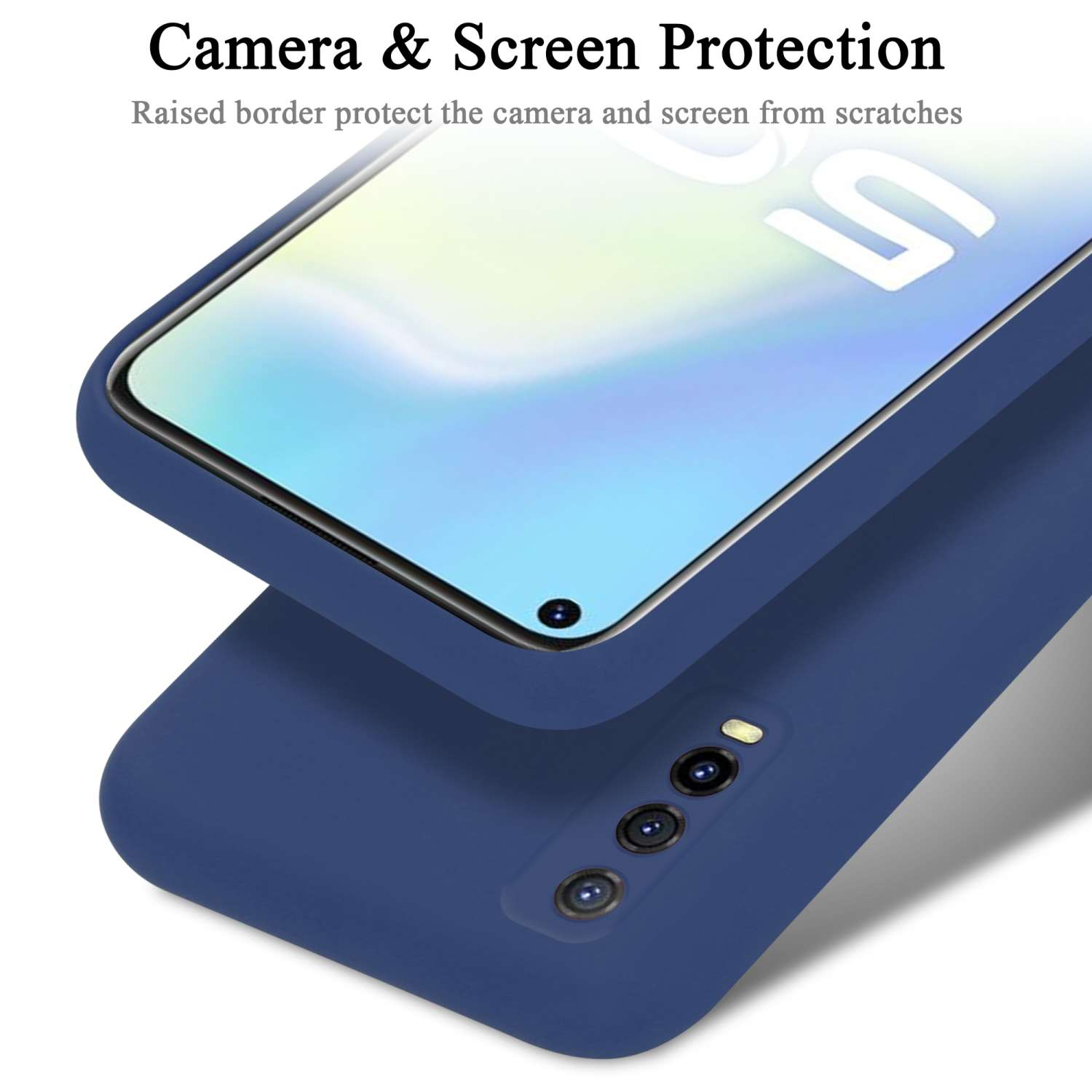 Blaue Handyhülle auf einer anderen, mit den Worten 'Camera & Screen Protection'.