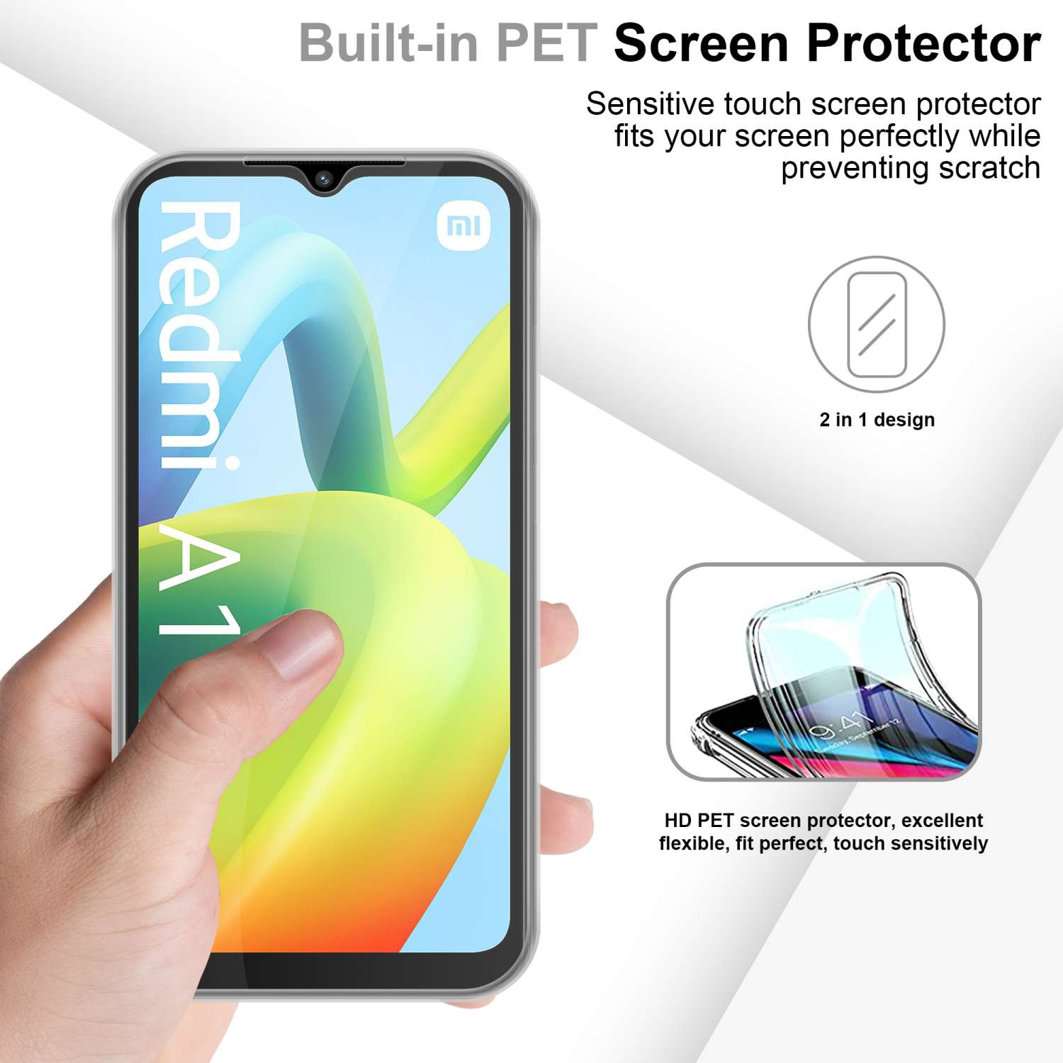 Mano che tiene un telefono con protezione schermo applicata. Testo esplicativo e diagrammi visibili.