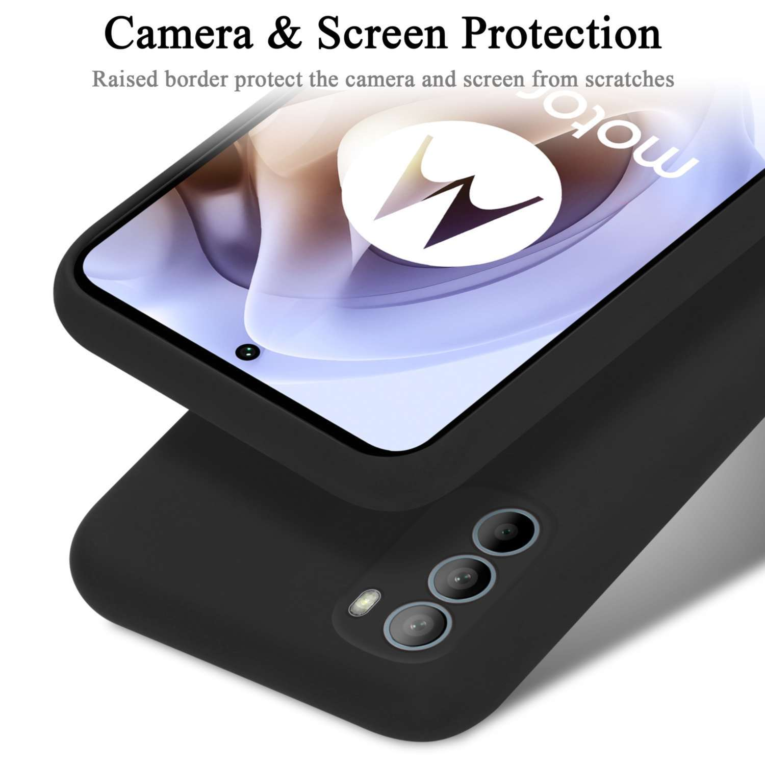 Schwarze Handyhülle mit Displayschutz. Das Telefon hat eine Kamerawölbung. Der Hintergrund ist unscharf.