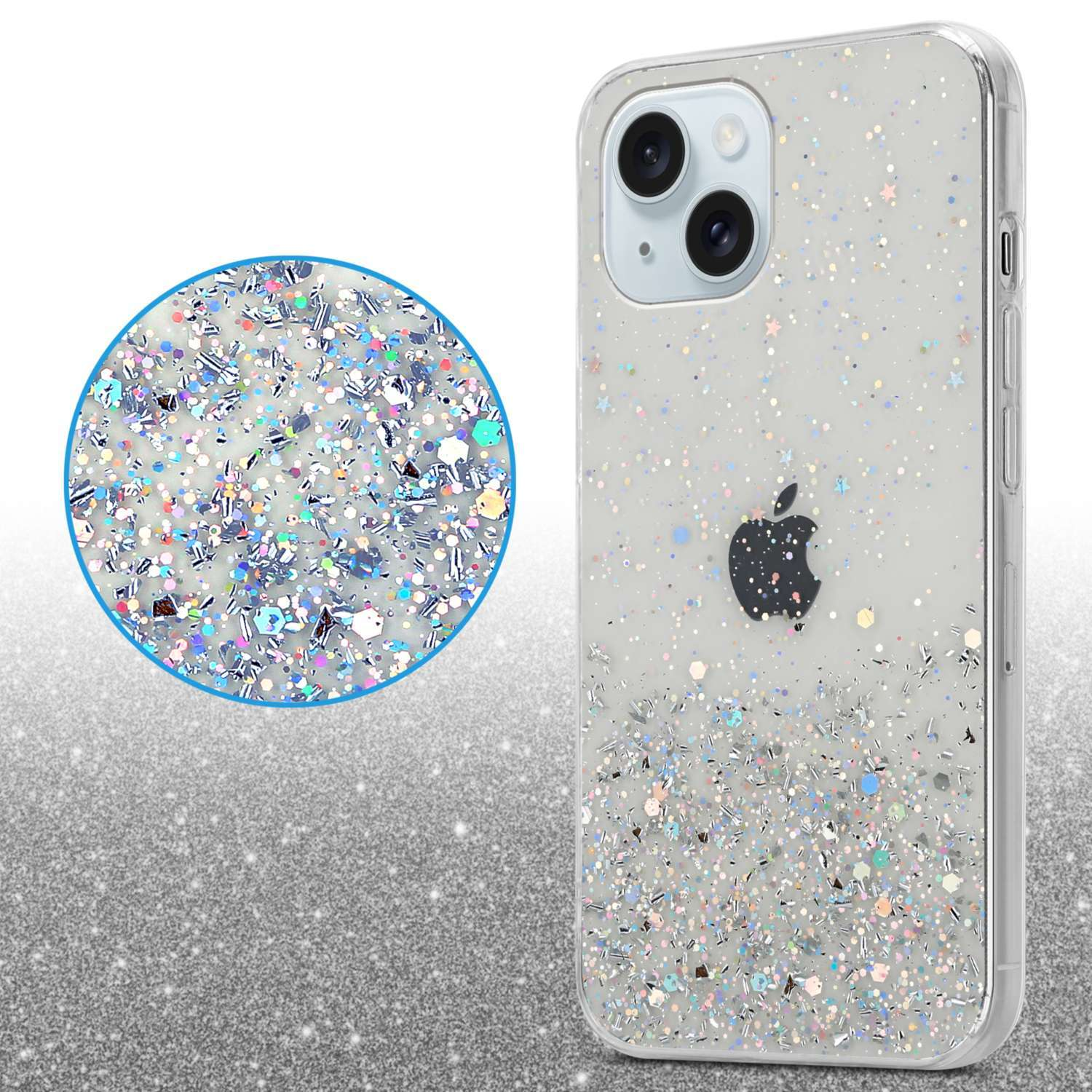 Funda transparente para teléfono con purpurina y un logotipo de Apple.