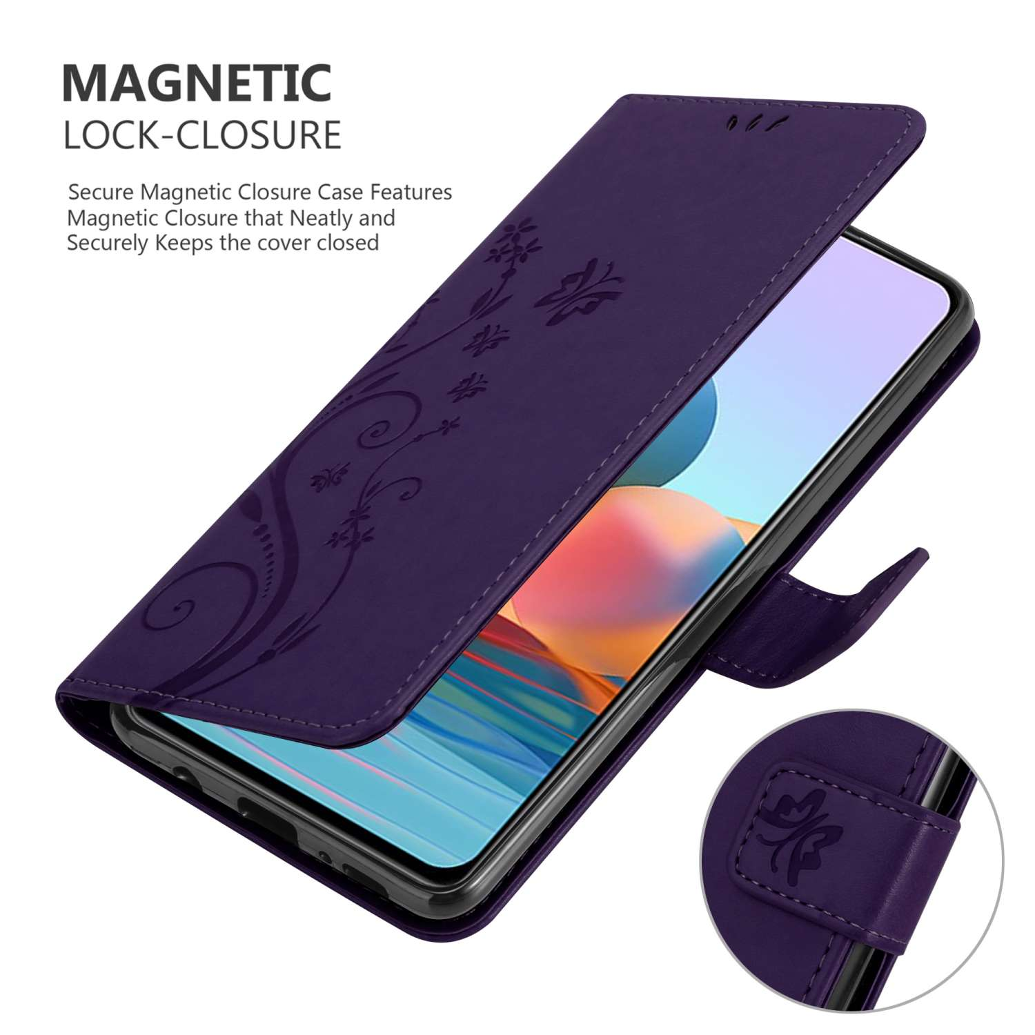 Una custodia per telefono viola con un motivo floreale, aperta per rivelare lo schermo del telefono. Ha una chiusura magnetica.