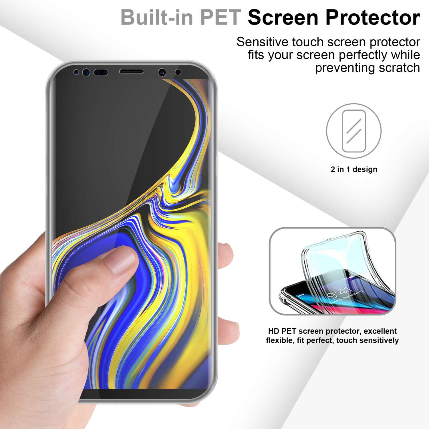 Mano che tiene un telefono con protezione schermo applicata. Testo esplicativo e diagrammi visibili.