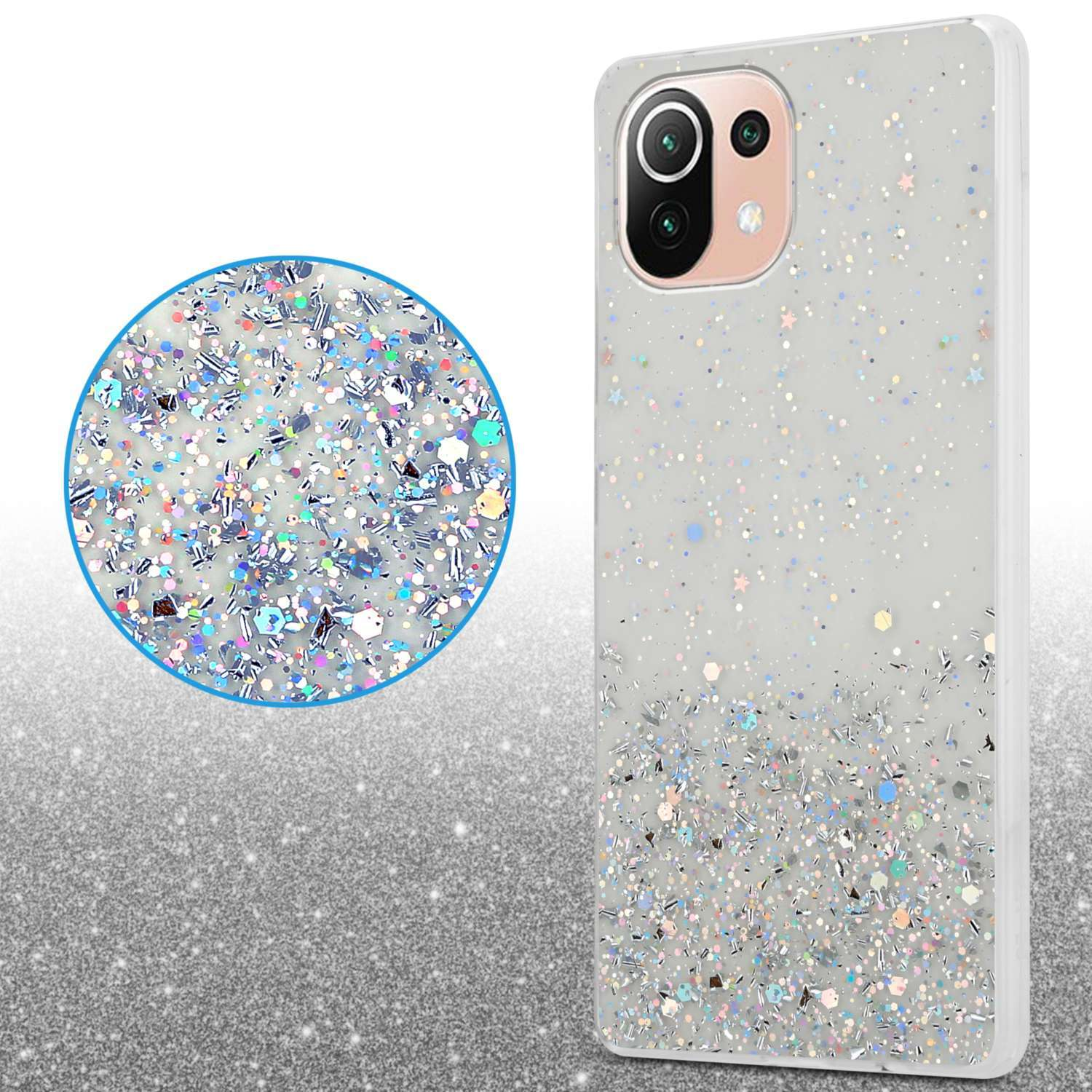 Eine Handyhülle mit Glitzer. Eine Nahaufnahme des Glitzers und ein Kreis heben den Glitzer hervor. Das Telefon hat Kameralinsen.