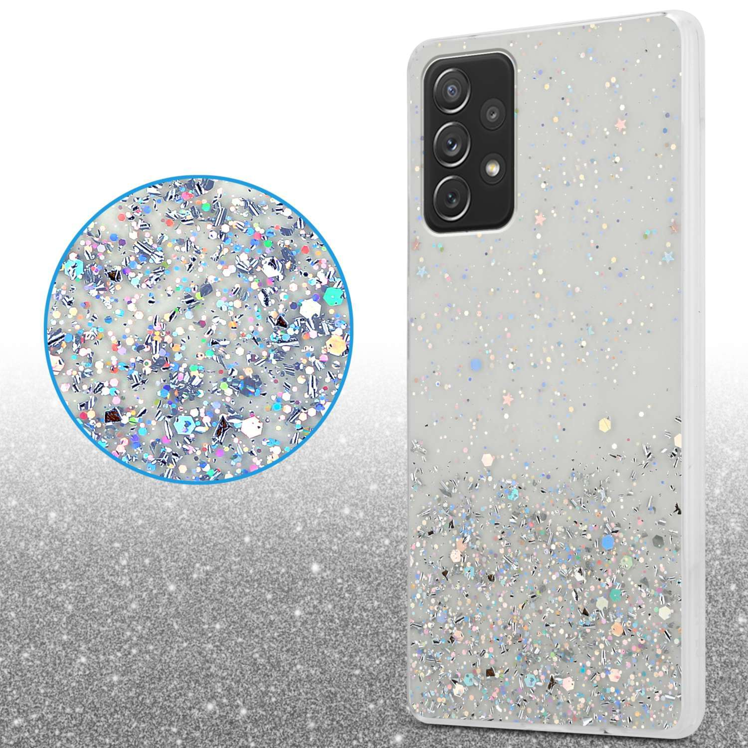Una custodia per telefono con glitter e brillantini, con un cerchio di glitter in primo piano.