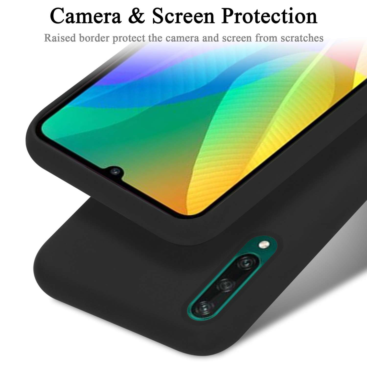 Schwarze Handyhülle über einem Telefon. Text: 'Kamera- und Bildschirmschutz'.