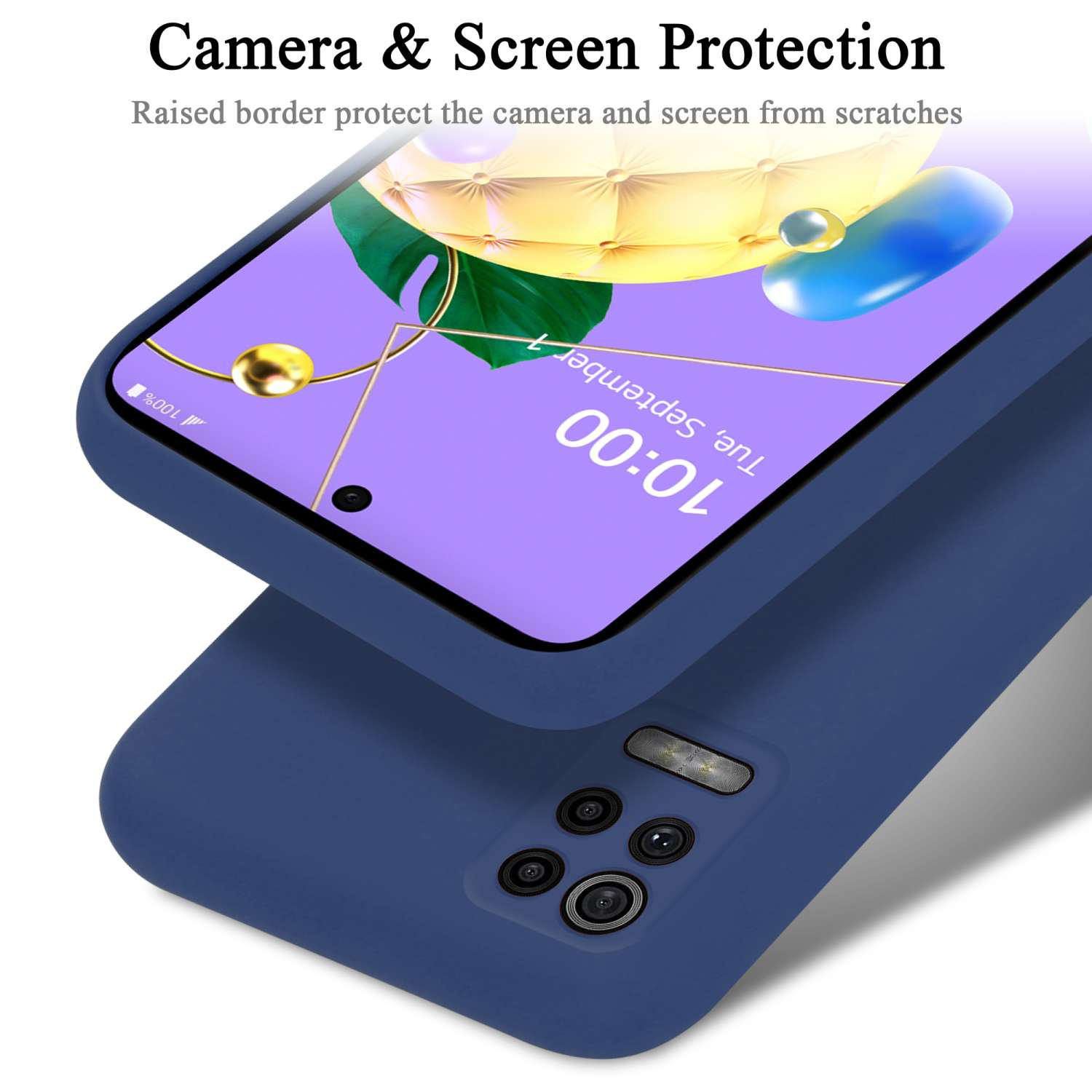 Blaue Handyhülle über dem Telefonbildschirm. Der Bildschirm zeigt Uhrzeit und Datum. Text: Camera & Screen Protection.