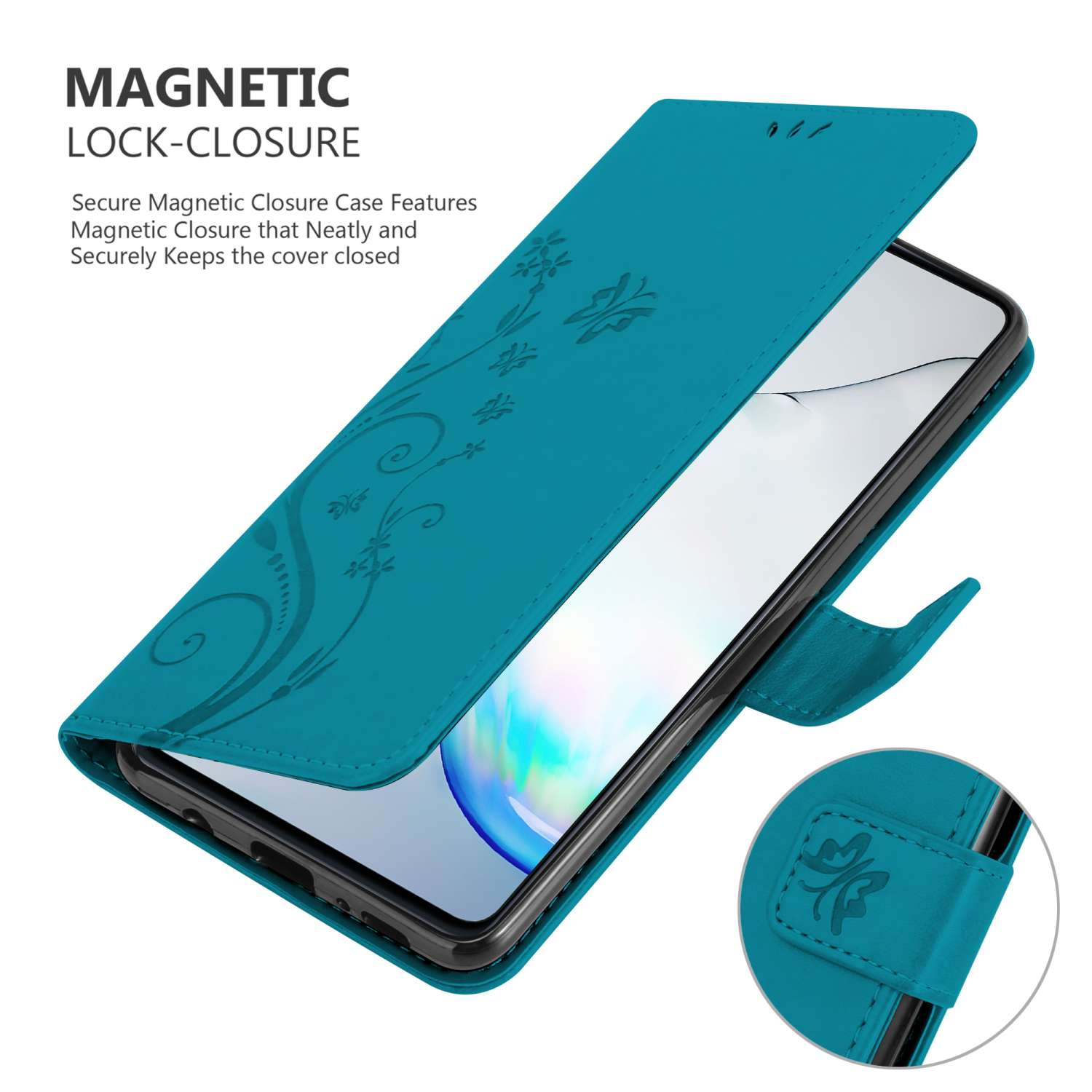 Una custodia per telefono turchese con un design floreale. Il telefono è parzialmente visibile. La cover è aperta.