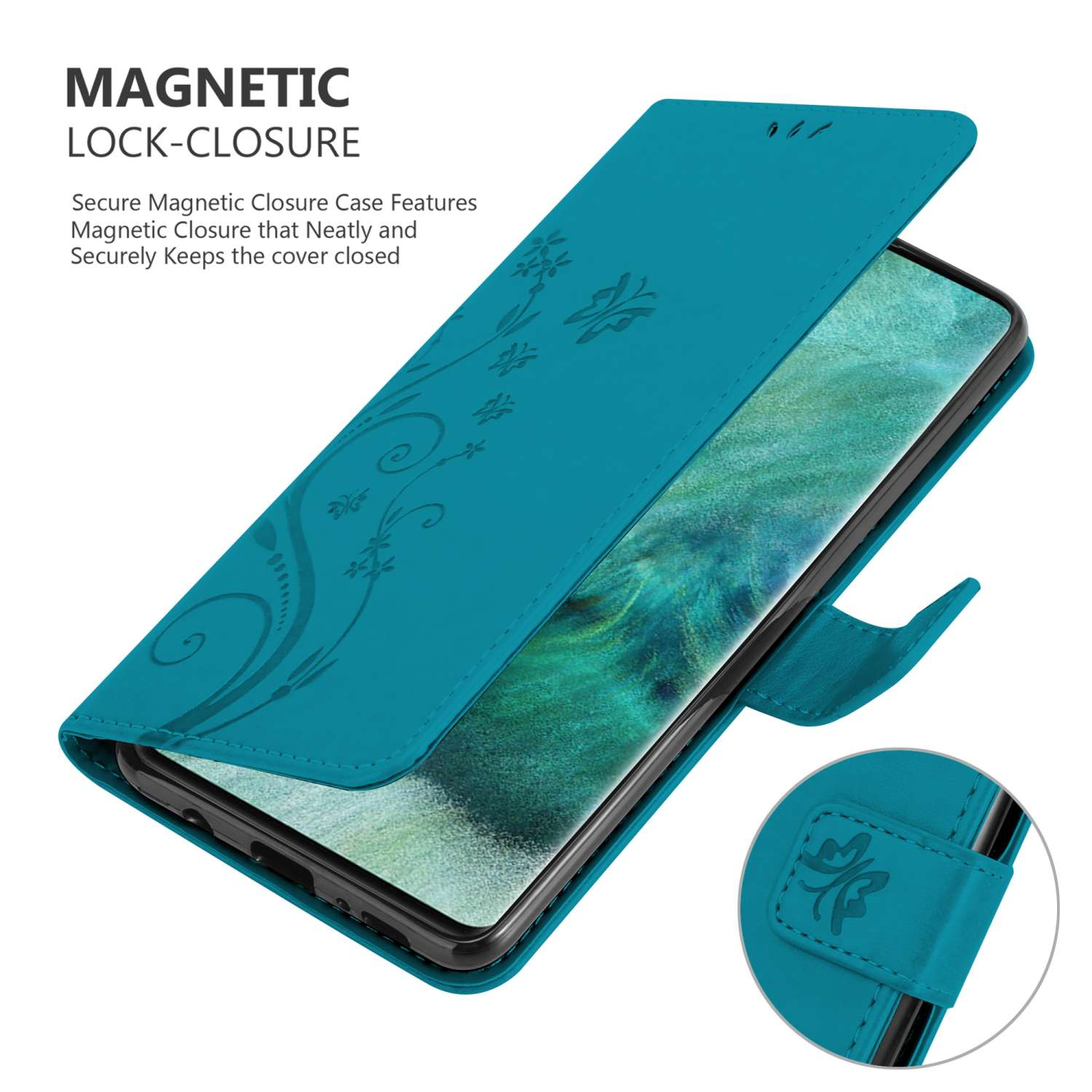 Una custodia per telefono verde acqua è aperta, rivelando il telefono. La custodia ha un design floreale. Chiusura magnetica visibile.