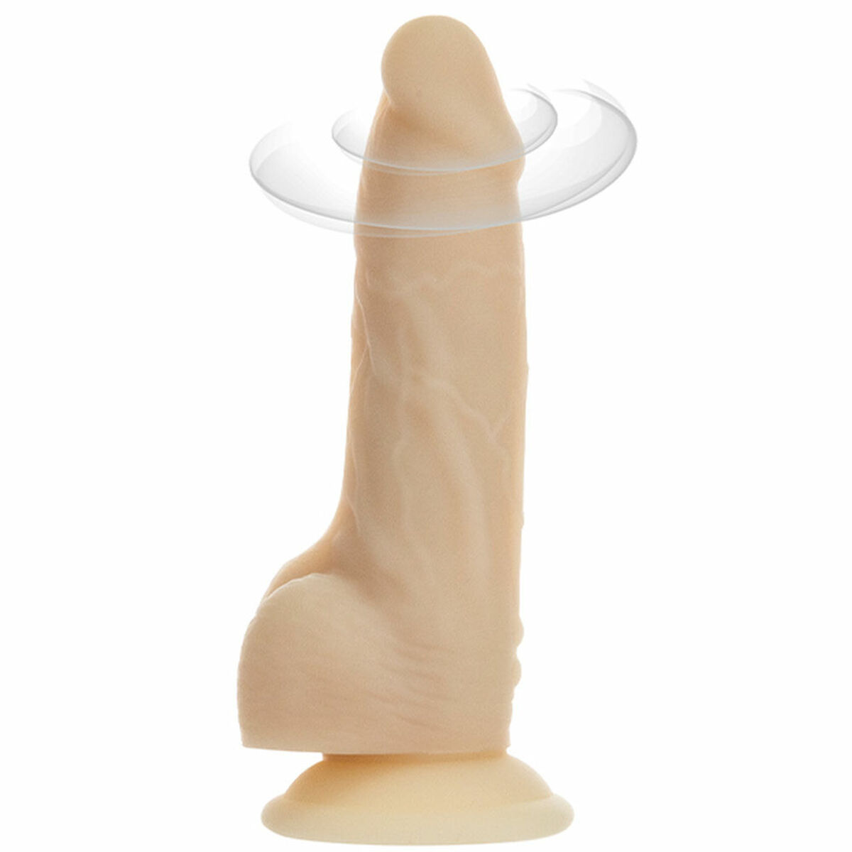 Ein beiger Dildo wird auf weißem Hintergrund gezeigt, mit einem durchsichtigen Ring darum.