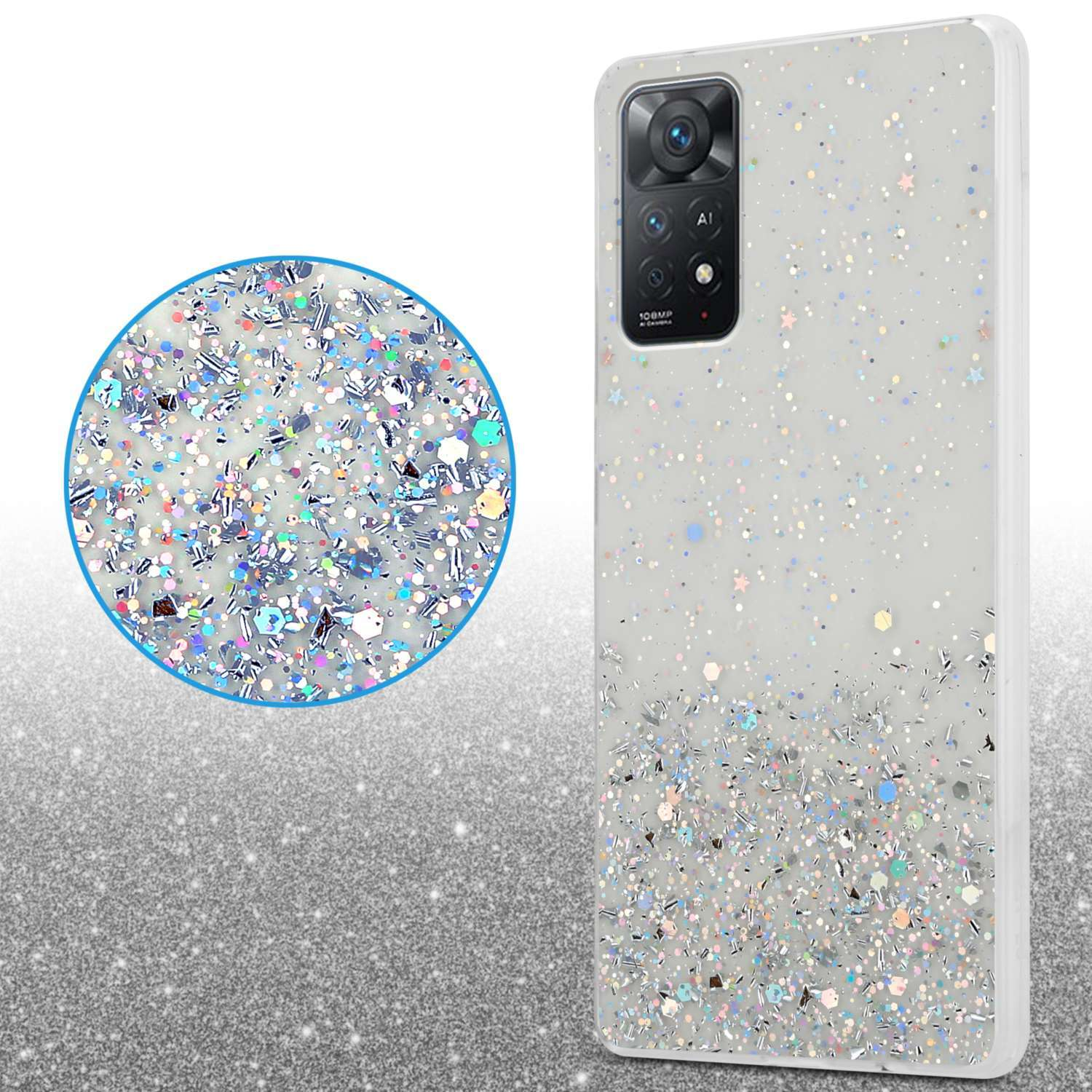 Una custodia per telefono con design glitterato. Un primo piano mostra la custodia con finitura lucida e un cerchio di glitter.