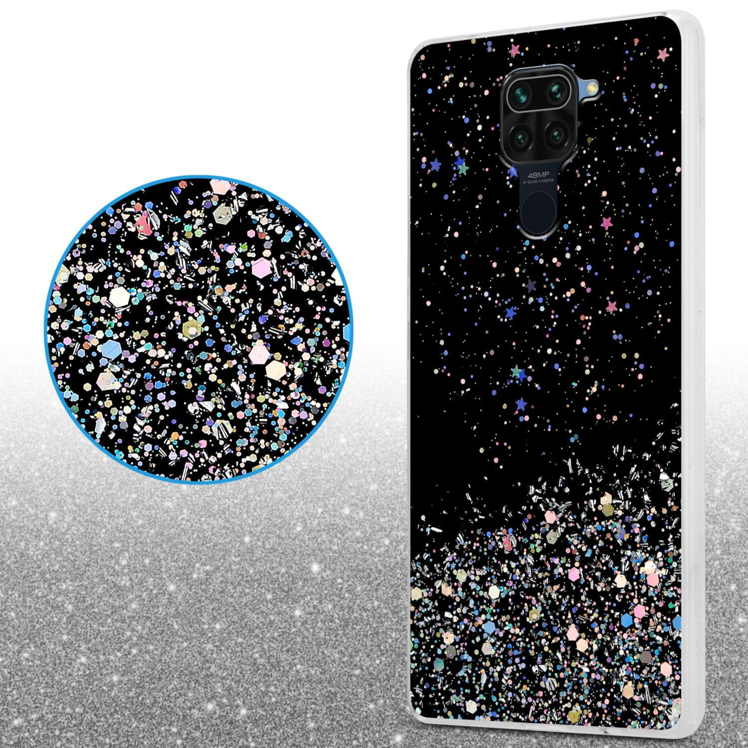 Custodia nera per telefono con design glitterato. Viene mostrato un dettaglio circolare ingrandito.