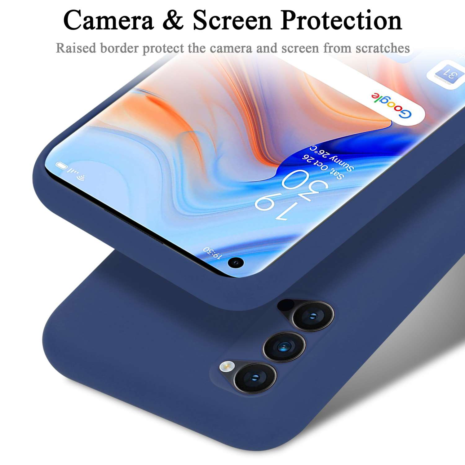Blaue Handyhülle mit Telefonbildschirm und Text zum Kameraschutz.