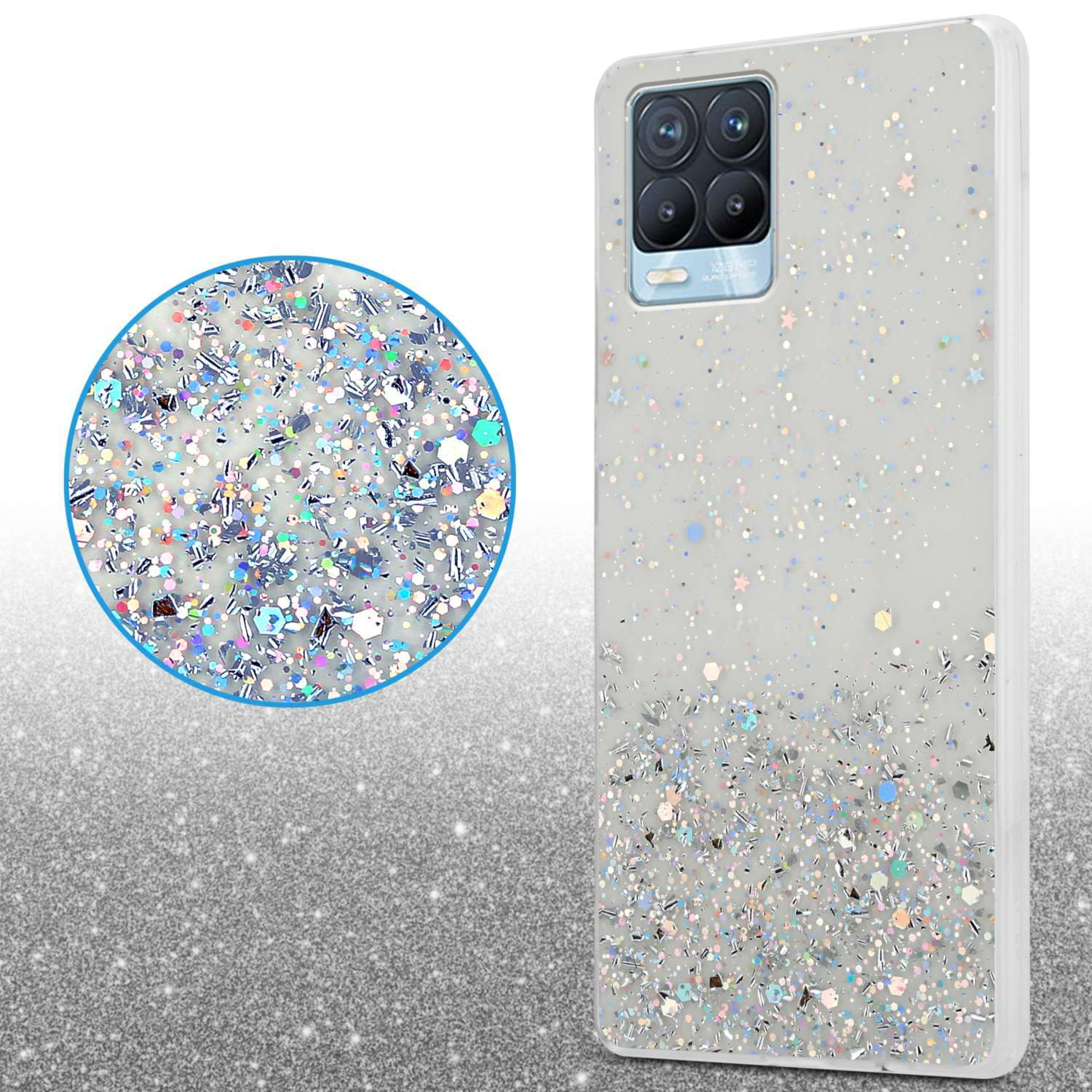 Custodia per telefono con sfondo bianco ricoperto di glitter e piccole forme colorate.