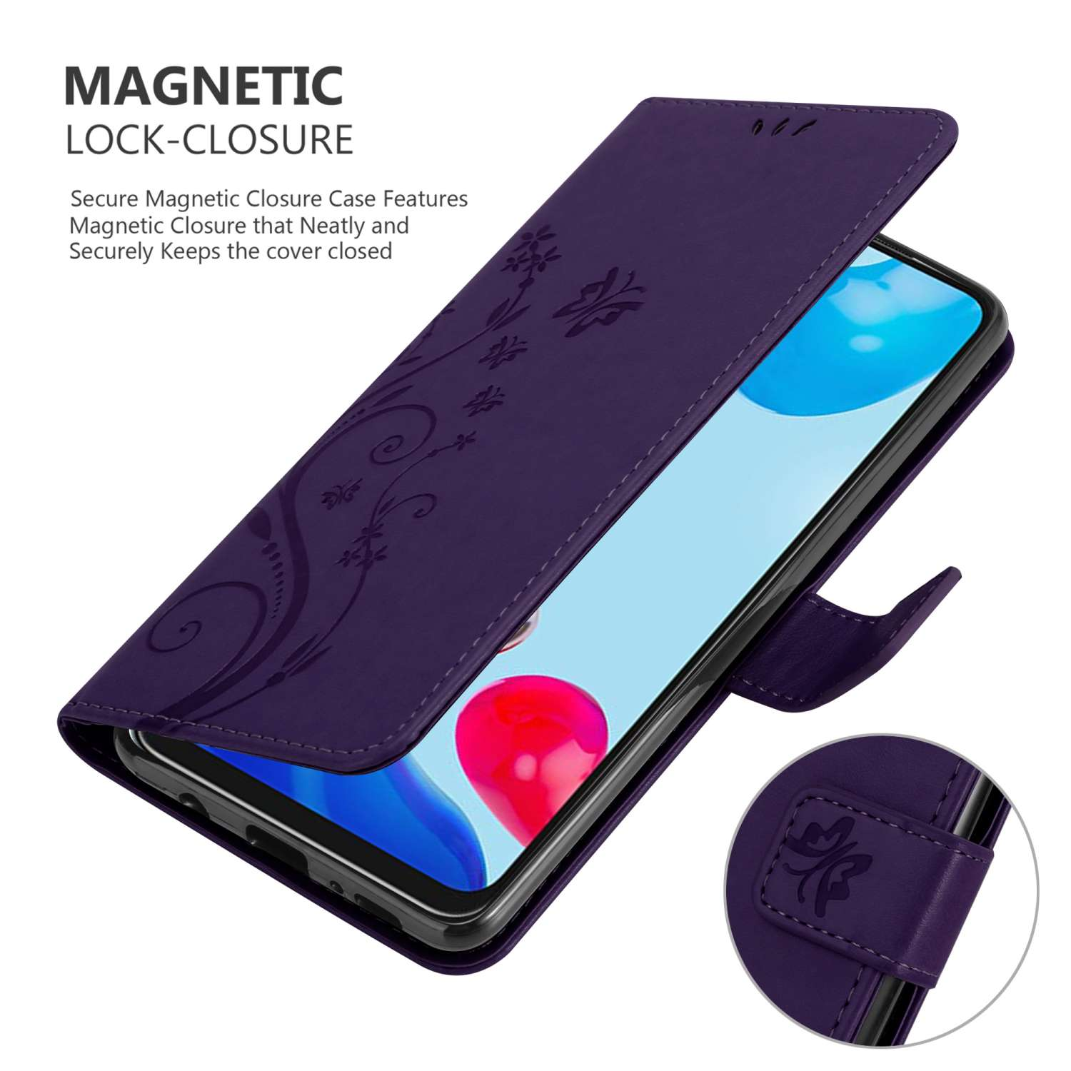 Custodia viola con design floreale. Testo: Chiusura magnetica.