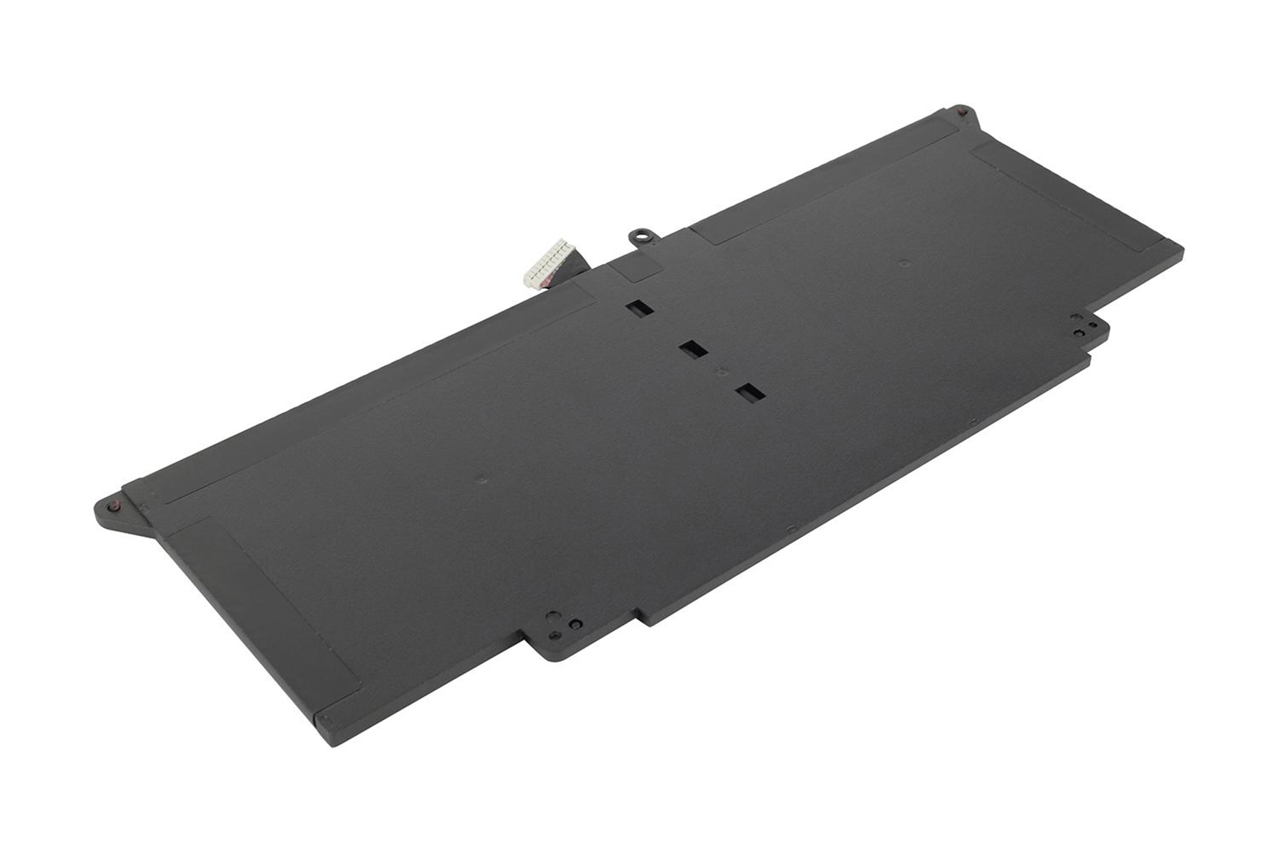 Ein schwarzer Laptop-Akku. Es ist eine rechteckige Komponente mit mehreren Anschlusspunkten.