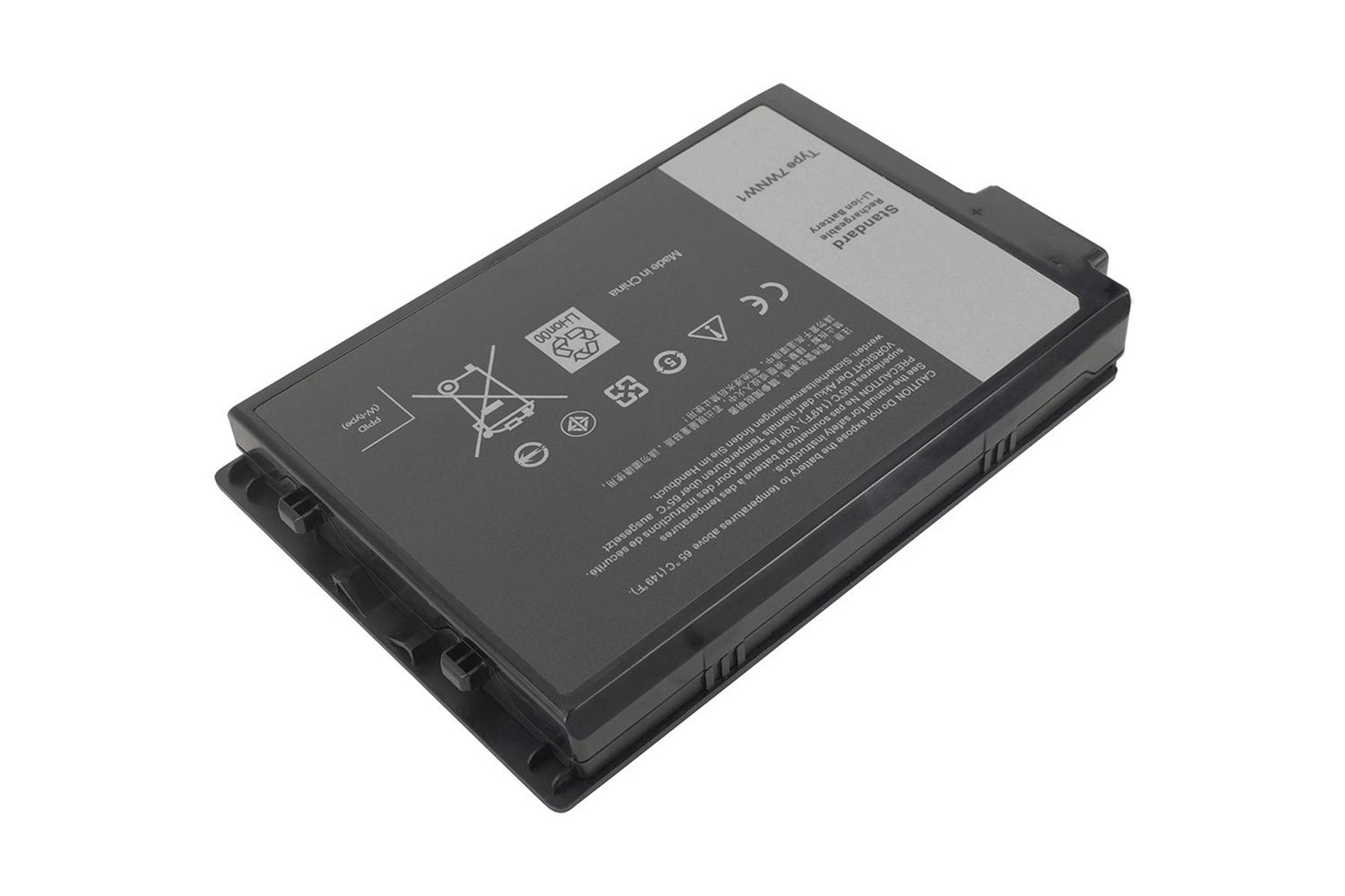 Una batteria nera per laptop su sfondo bianco. Ha un connettore all'estremità.
