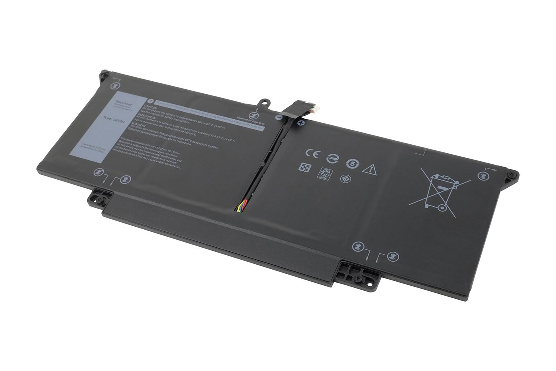 Batteria del laptop su sfondo bianco, nera con etichette di avvertimento e connettori.