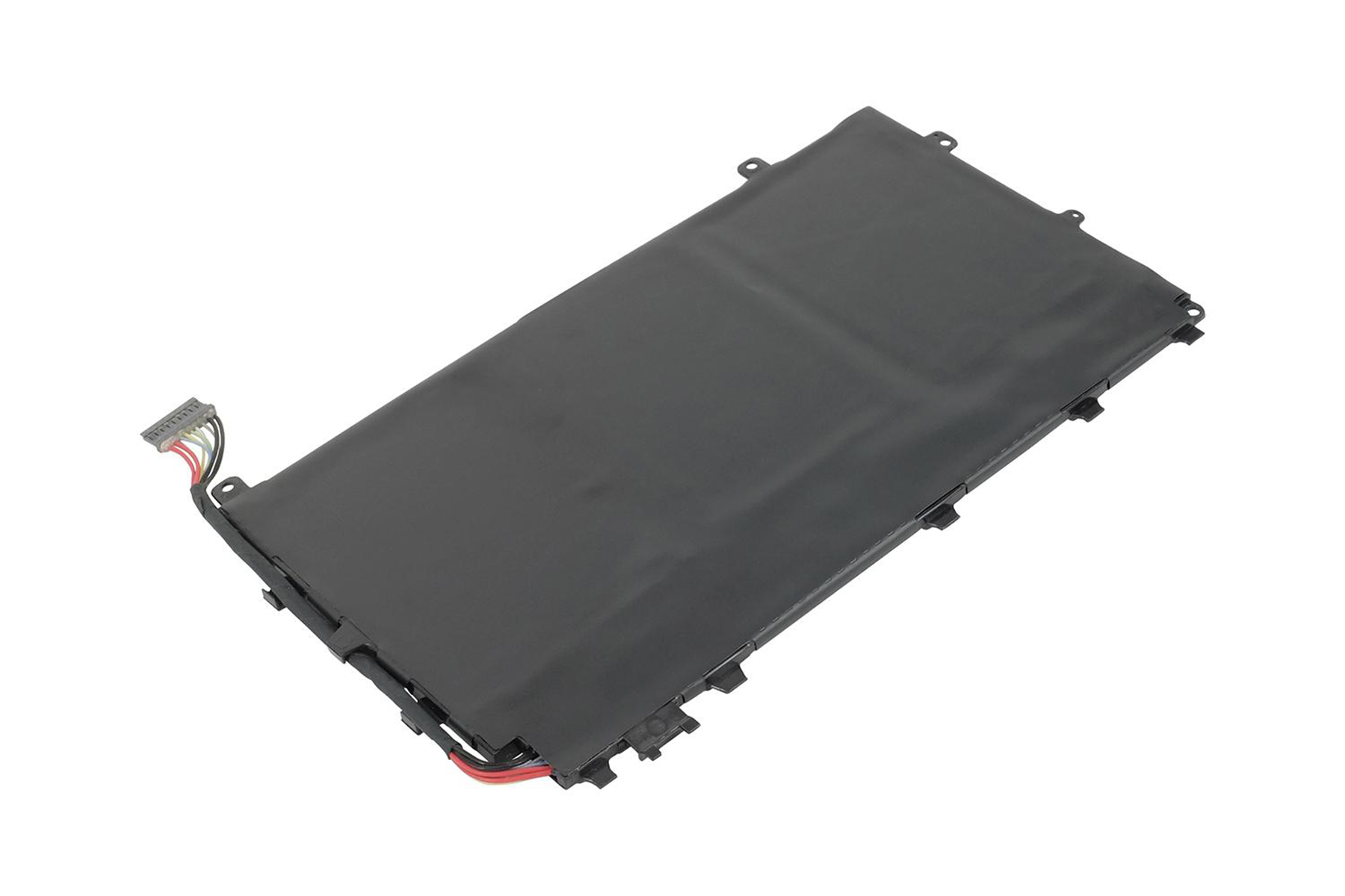 Schwarzer Laptop-Akku. Die Batterie ist rechteckig mit roten und schwarzen Drähten an einem Ende.