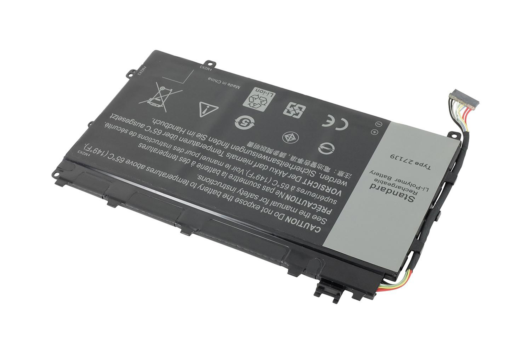 Batteria nera con testo e simboli. La batteria è per un laptop. La batteria è su sfondo bianco.