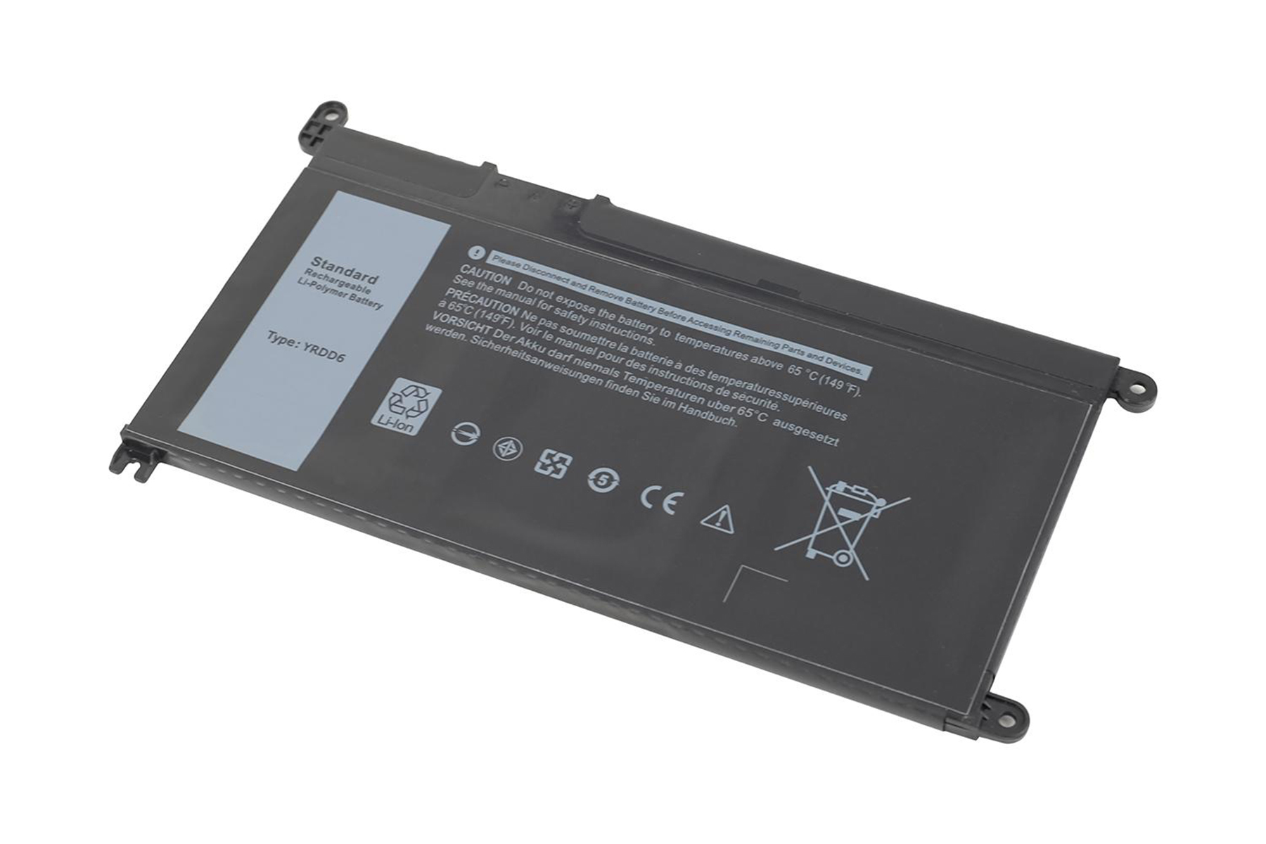 Ein schwarzer Laptop-Akku mit Textbeschriftungen. Er hat eine rechteckige Form mit verschiedenen Symbolen und Text.