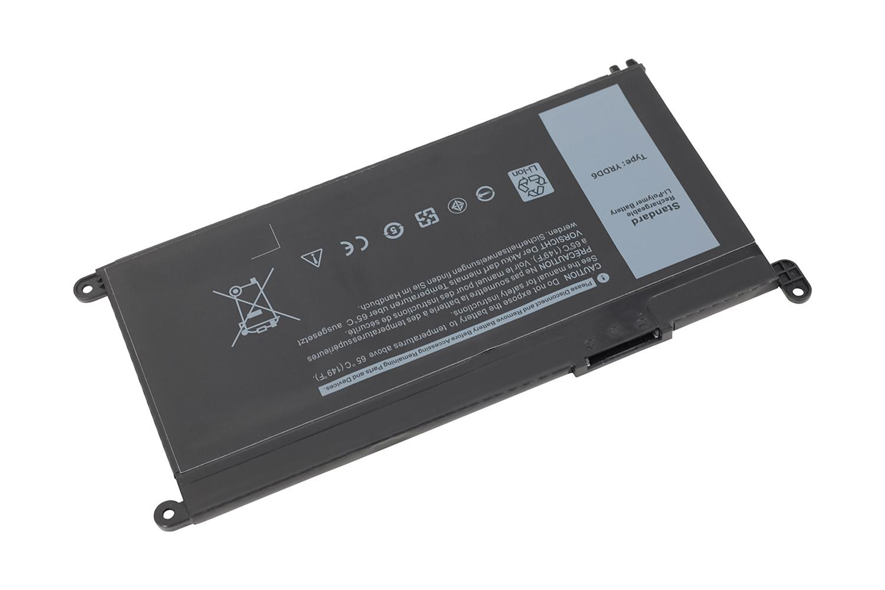 Schwarzer Laptop-Akku auf Weiß. Es hat Etiketten und ist rechteckig.
