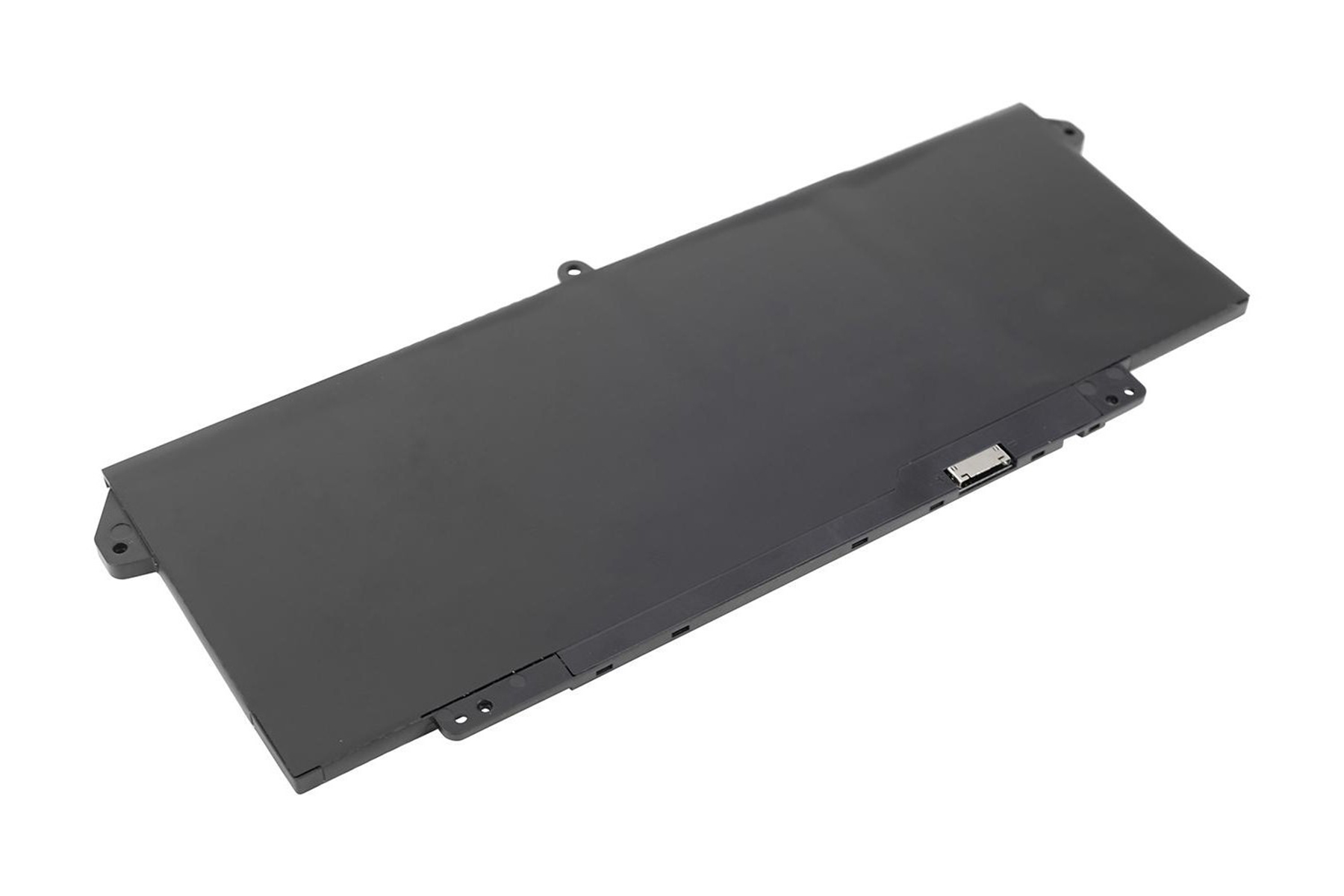 Ein schwarzer Laptop-Akku, rechteckig, mit einem kleinen Anschluss an der Seite.