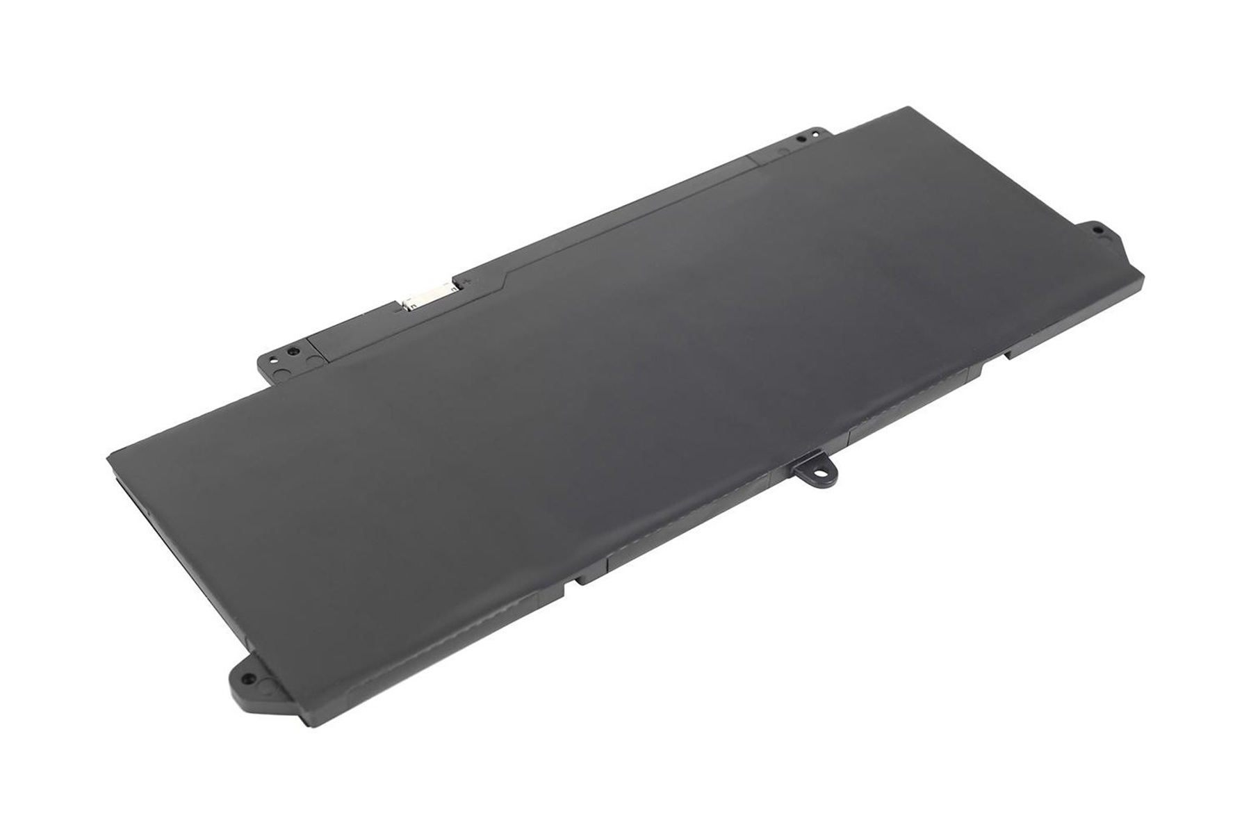 Schwarzer Laptop-Akku auf weißem Hintergrund. Rechteckige Form mit Stecker sichtbar.