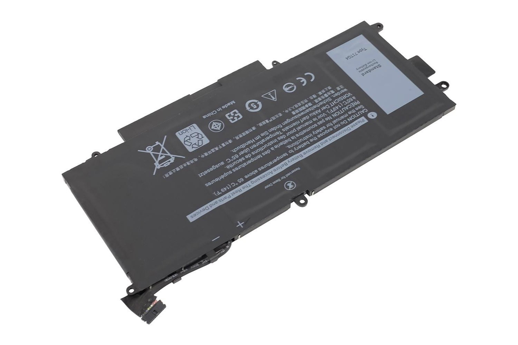 Ein Laptop-Akku mit Etiketten und einem Anschluss. Der Akku ist schwarz und grau.