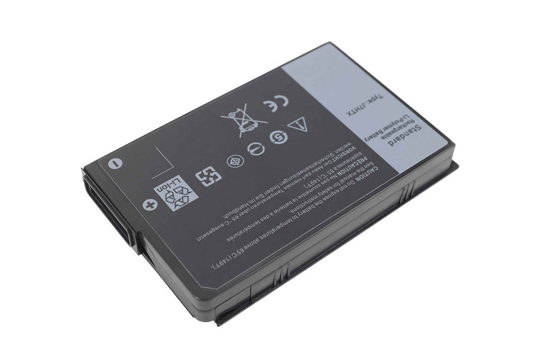 Eine rechteckige Batterie in Schwarz und Grau mit Text und Symbolen, isoliert auf weißem Hintergrund.