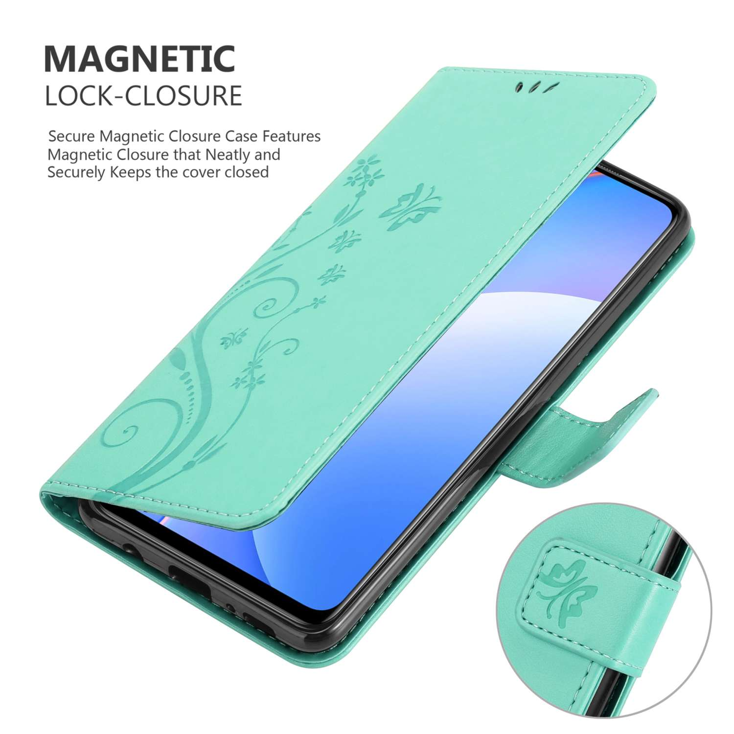 Custodia per telefono turchese con design floreale, aperta per rivelare un telefono.