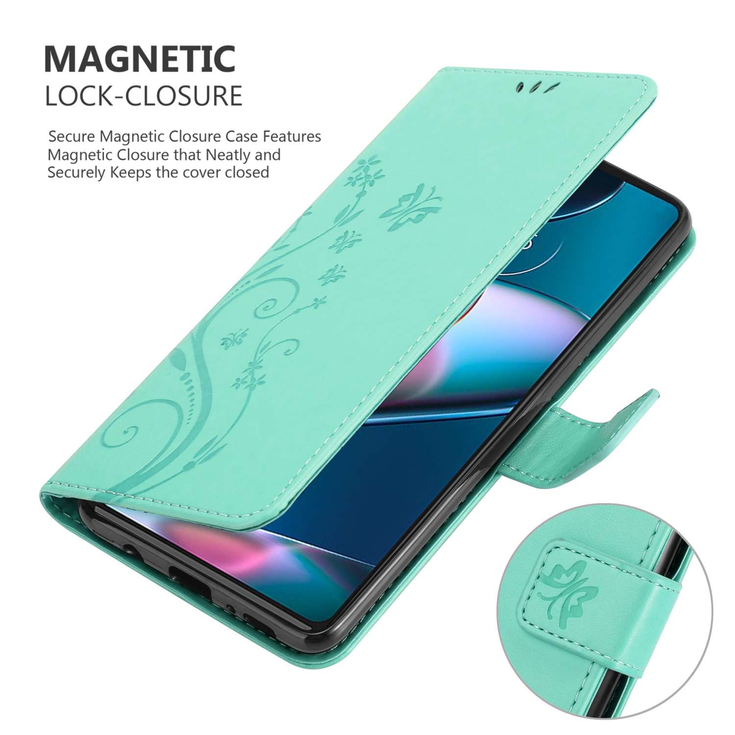 Custodia per telefono verde acqua con design floreale e telefono, chiusura magnetica.