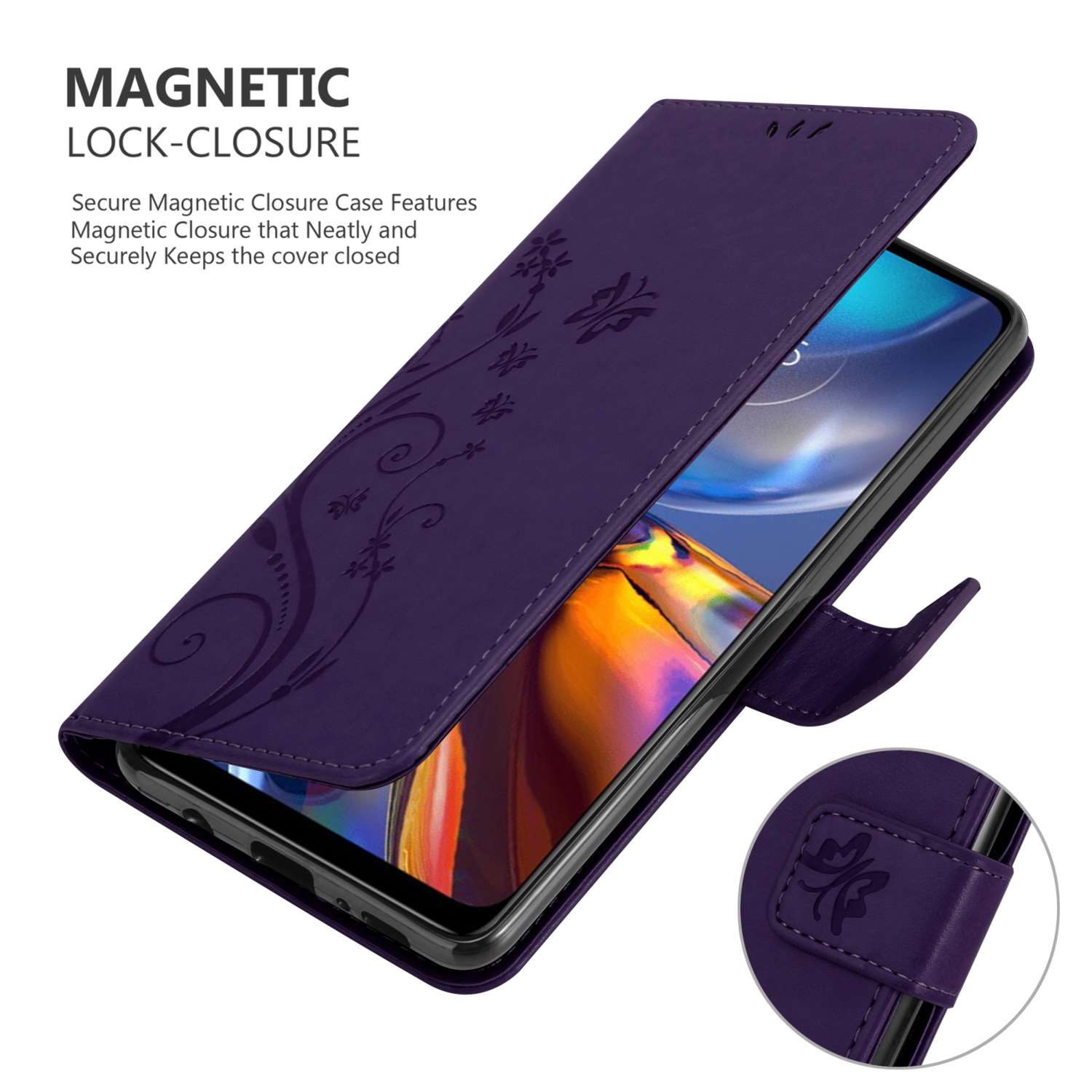 Una custodia per telefono viola con un design floreale, aperta per rivelare il telefono.