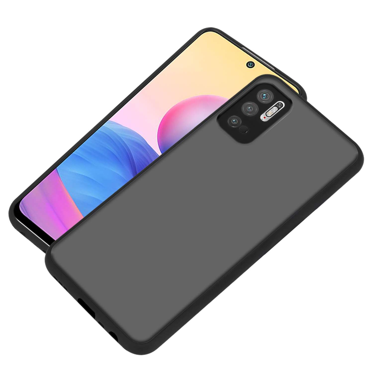 Custodia per telefono grigio scuro sopra un telefono di colore chiaro. Sfondo bianco.