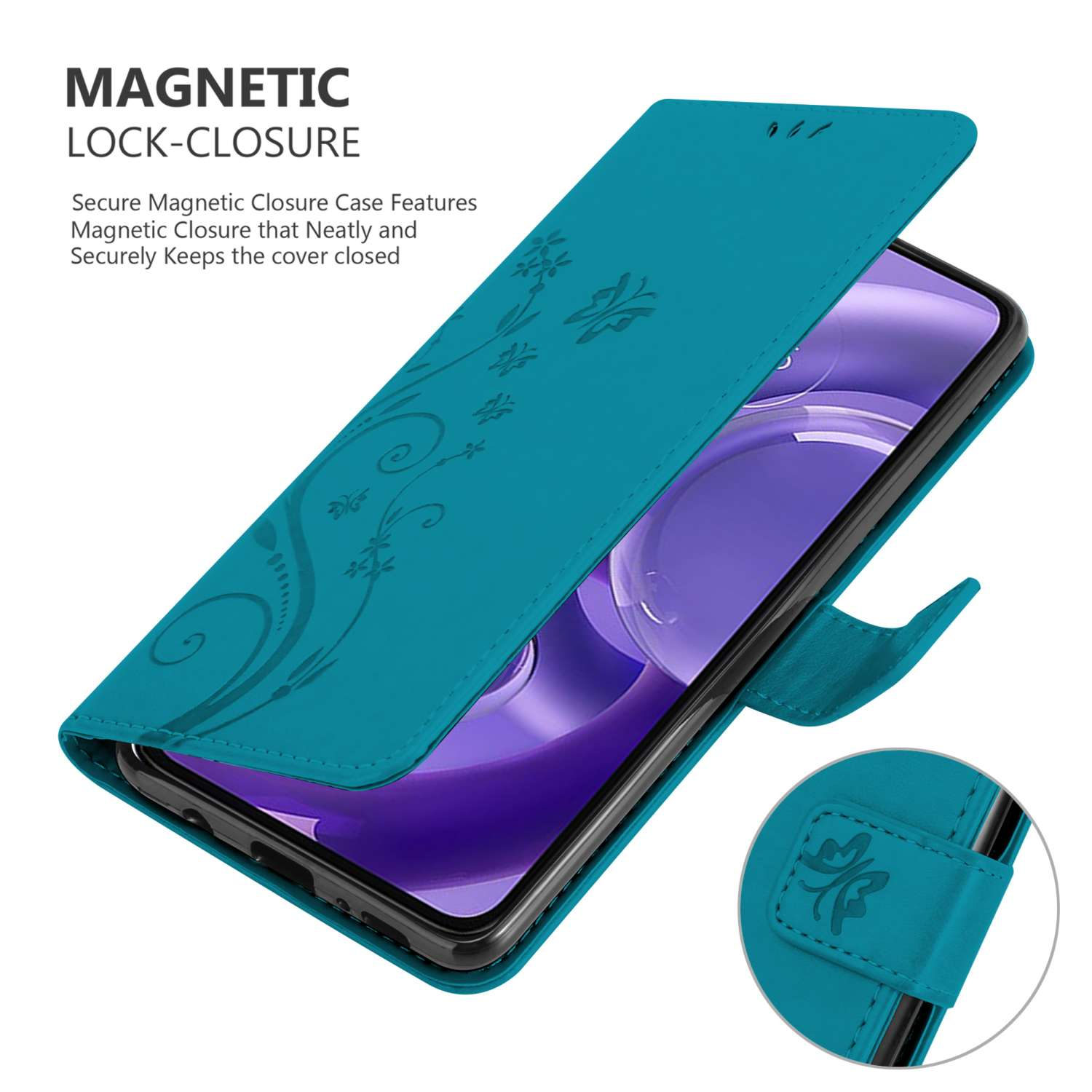 Una custodia per telefono verde acqua, aperta, con un telefono. Testo: Chiusura magnetica. Lo sfondo è bianco.