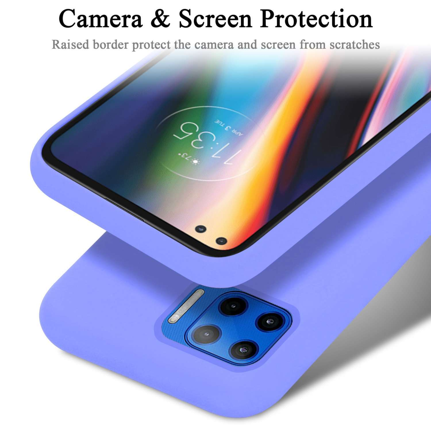 Custodia per telefono viola che protegge un telefono. Lo schermo e la custodia sono a fuoco.