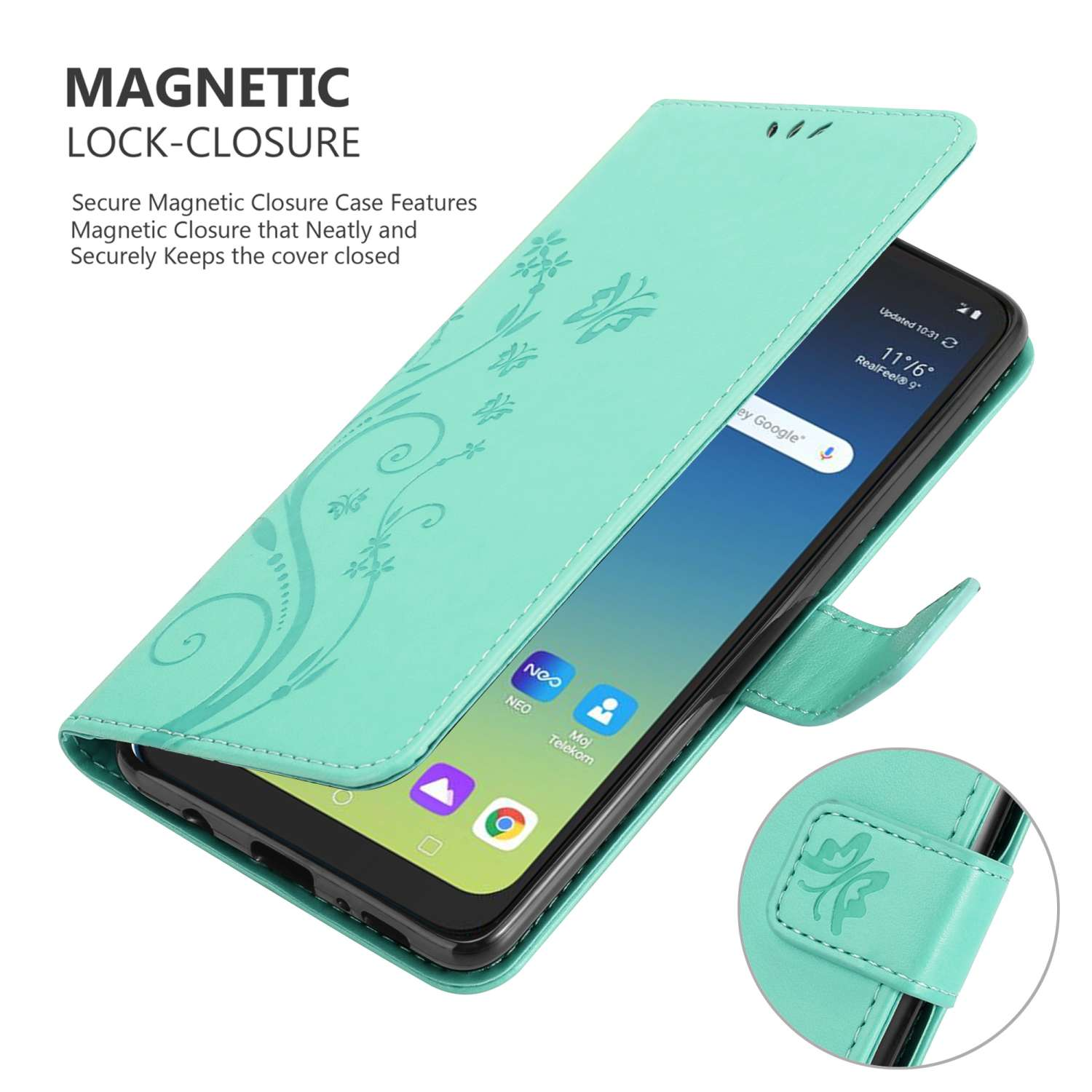 Custodia turchese con design floreale. Il telefono è all'interno della custodia. Chiusura magnetica.