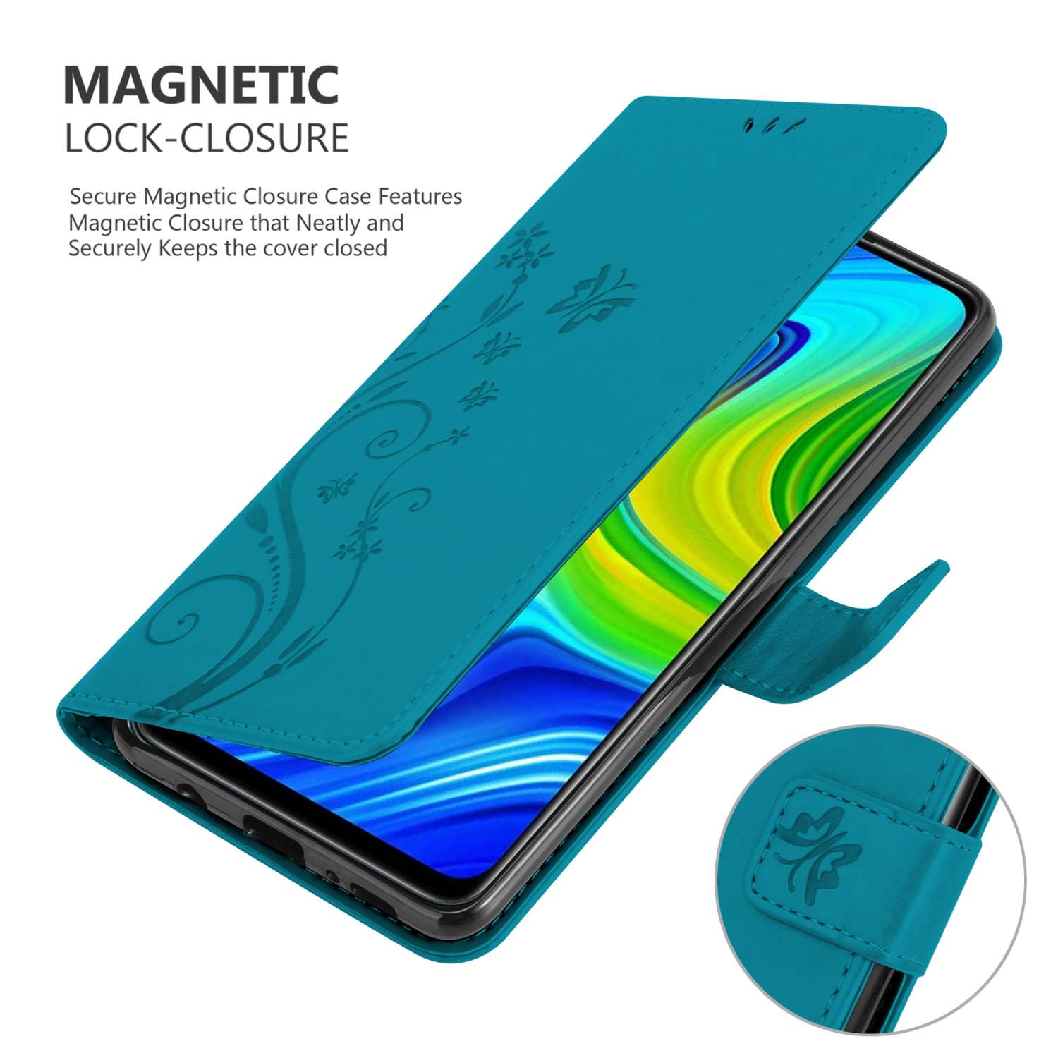 Custodia per telefono verde acqua con un design floreale. La custodia è aperta, rivelando il telefono.