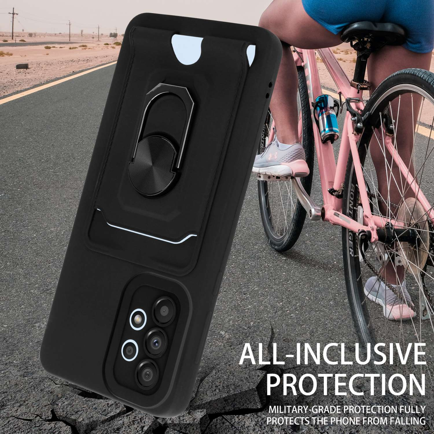 Schwarze Handyhülle mit Ringhalter. Eine Person auf einem rosa Fahrrad ist im Hintergrund. Der Text 'ALL-INCLUSIVE PROTECTION'.